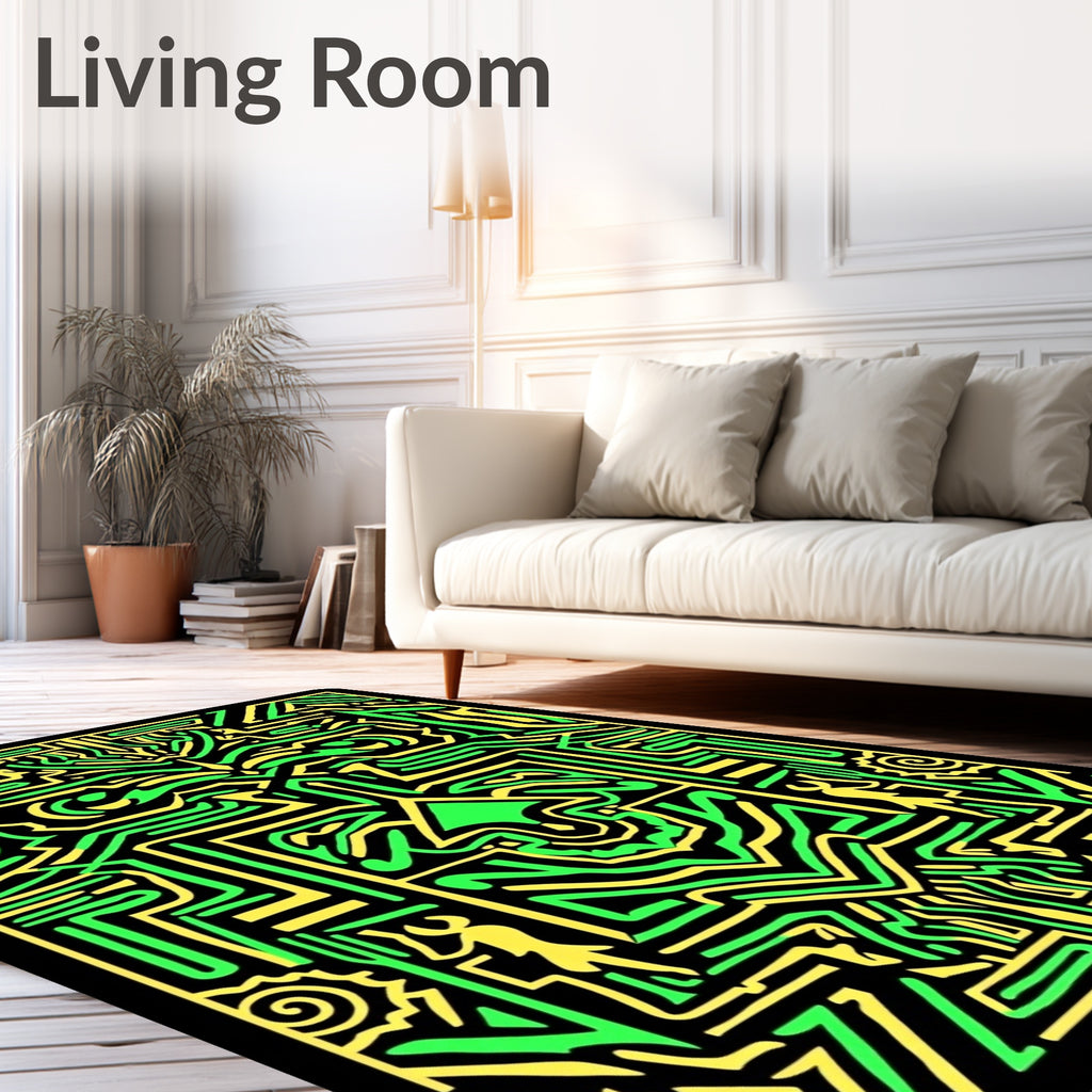 Bold Green Yellow Tribal Maze Rug