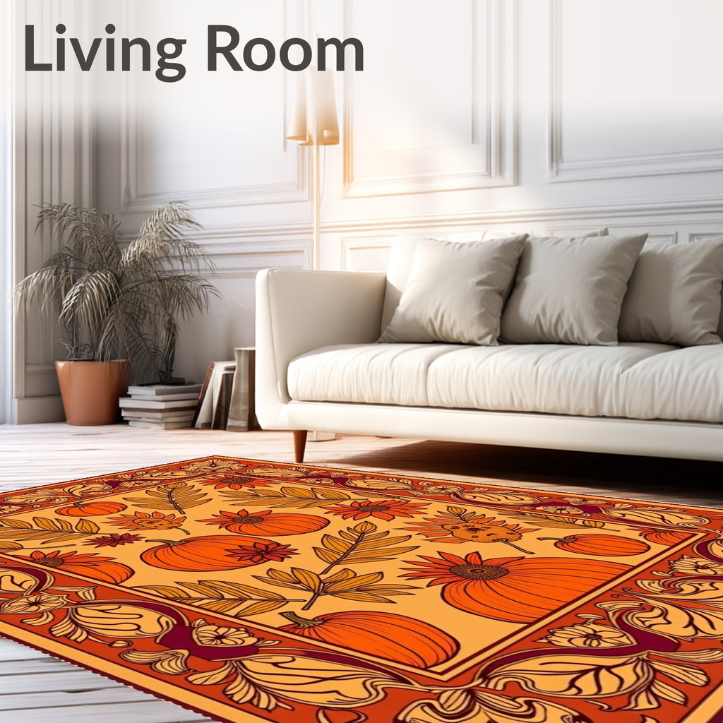 Whimsical Orange Pumpkin Floral Border Rug