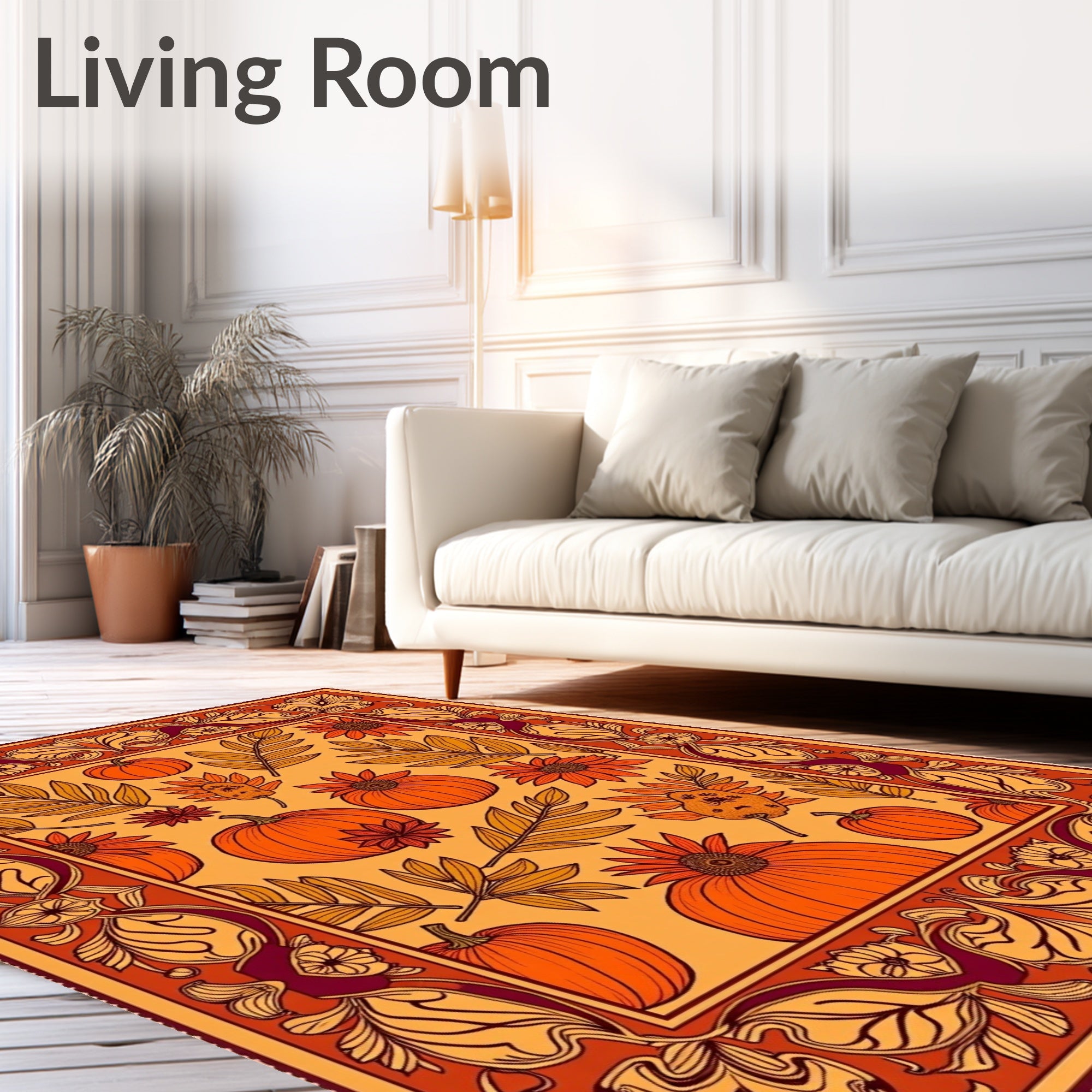 Whimsical Orange Pumpkin Floral Border Rug