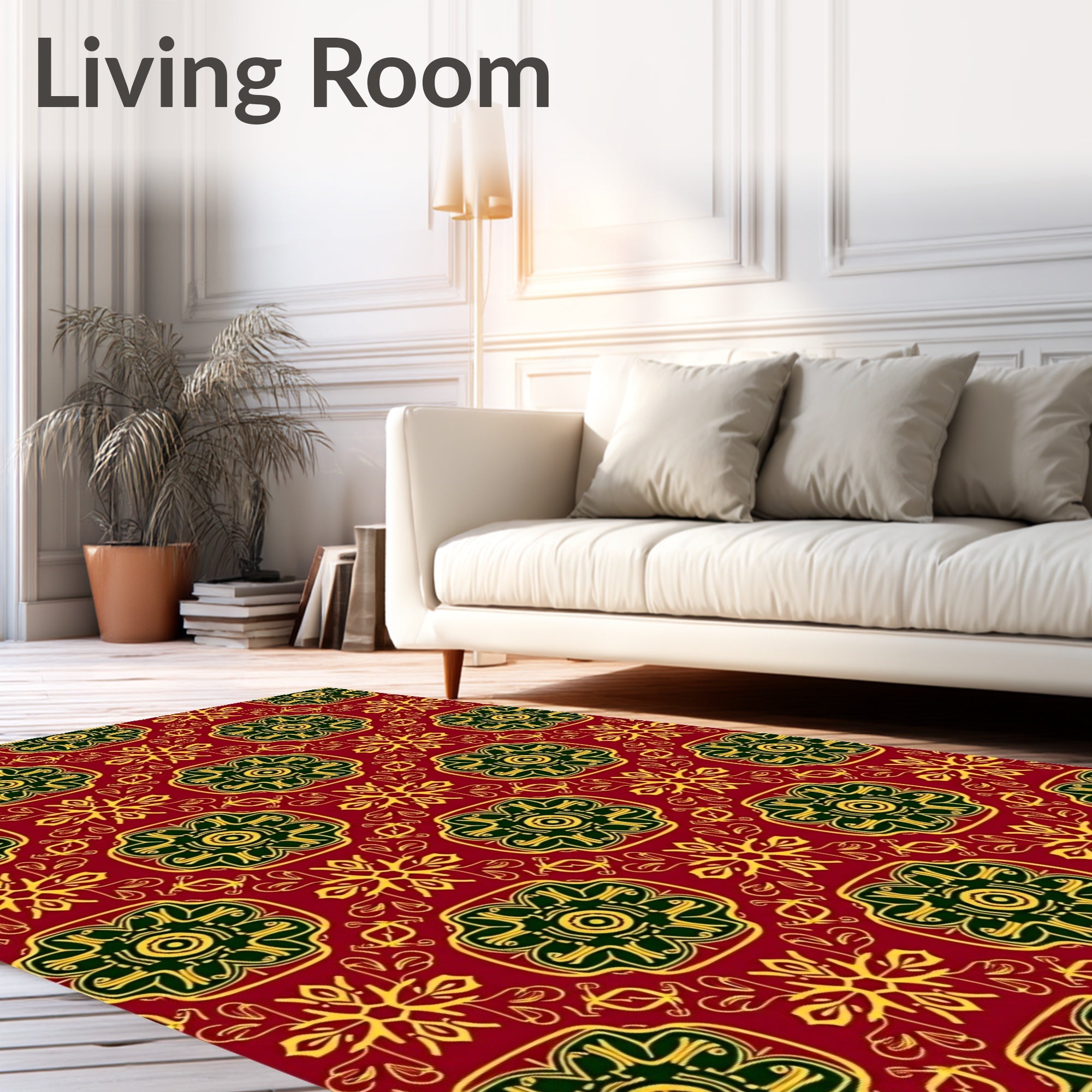 Deep Red Floral Medallion Yellow Background Rug