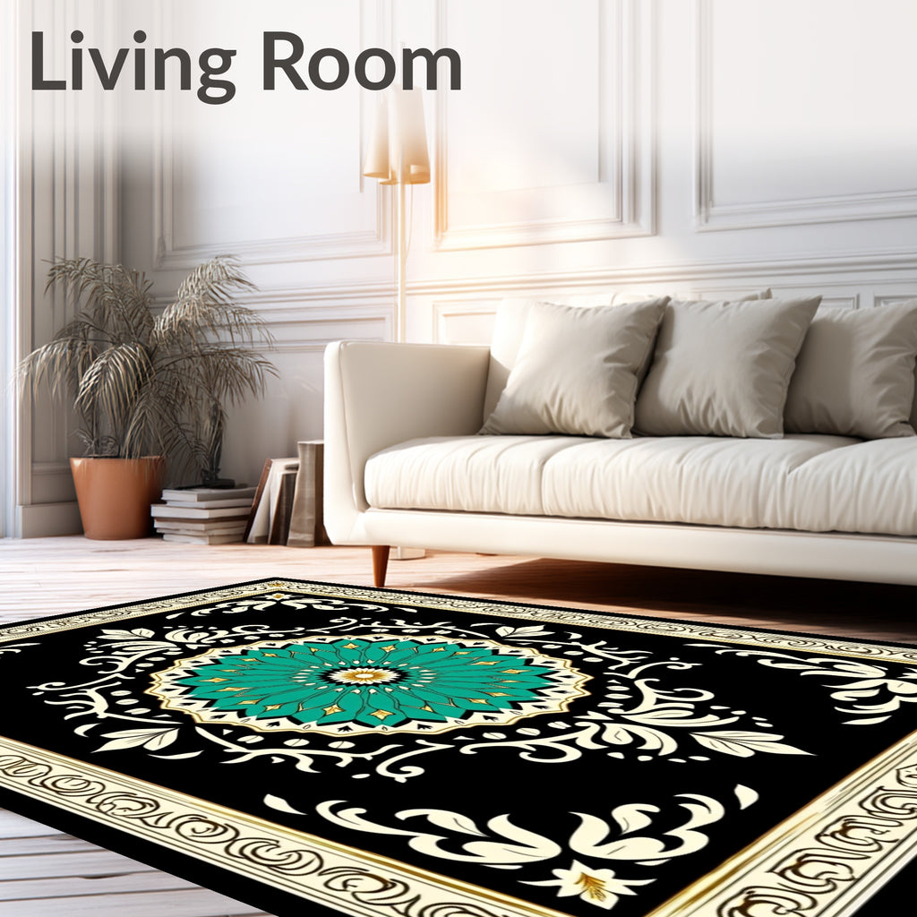 Black Teal Floral Medallion Oriental Rug