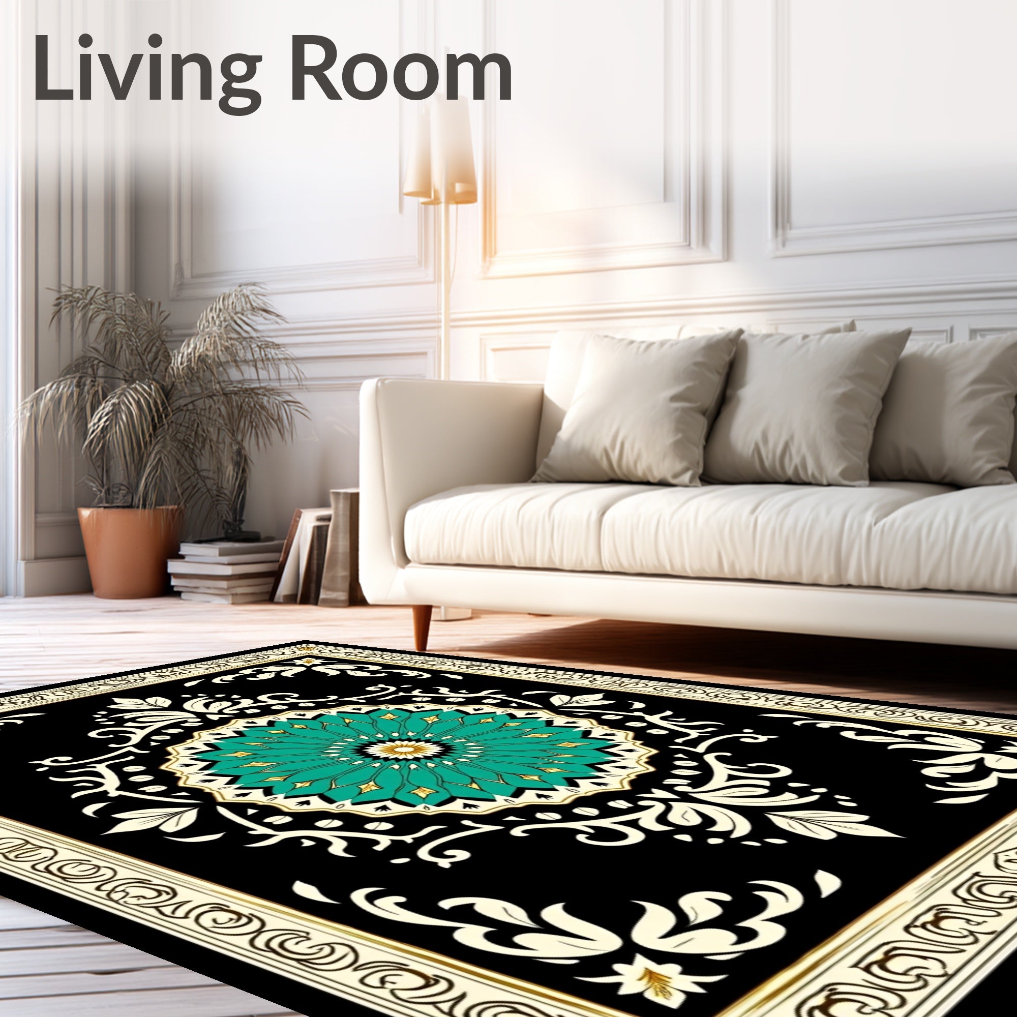 Black Teal Floral Medallion Oriental Rug