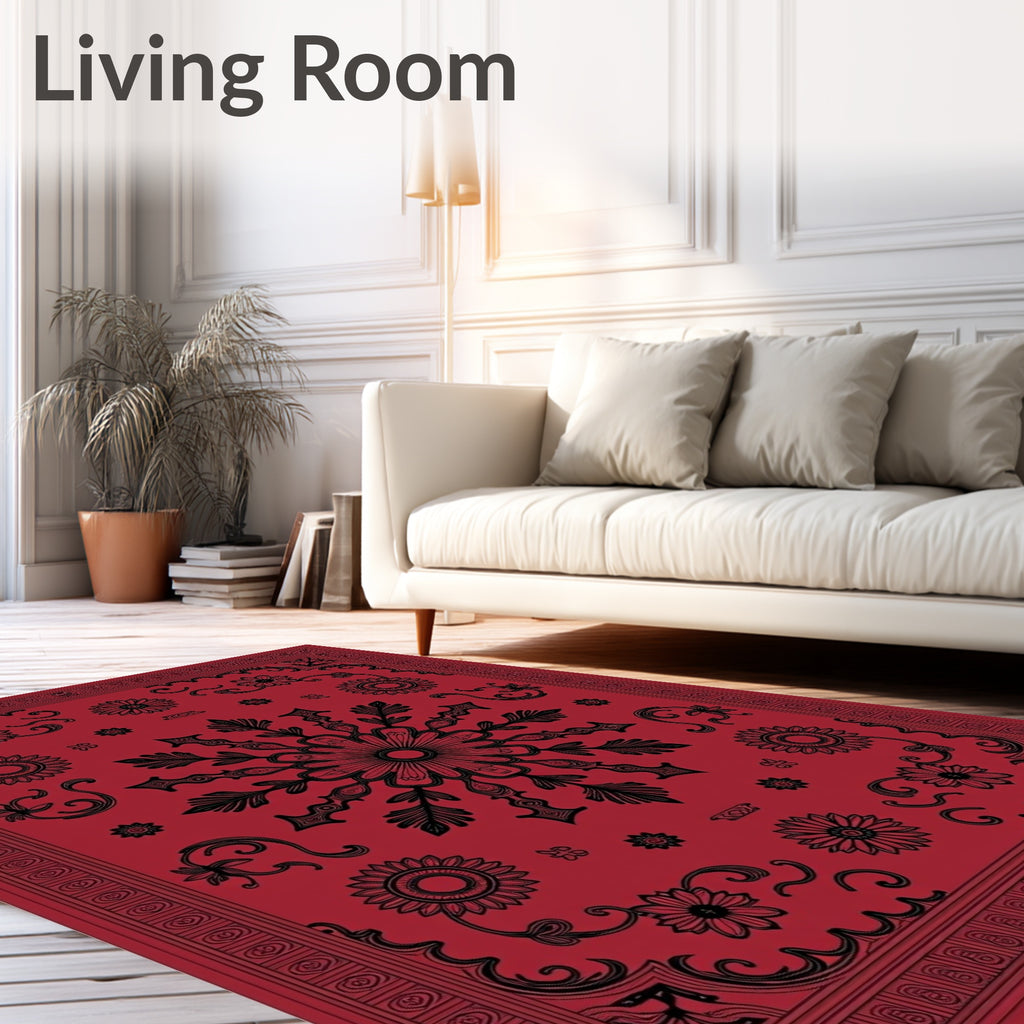 Rich Crimson Black Floral Medallion Swirl Rug