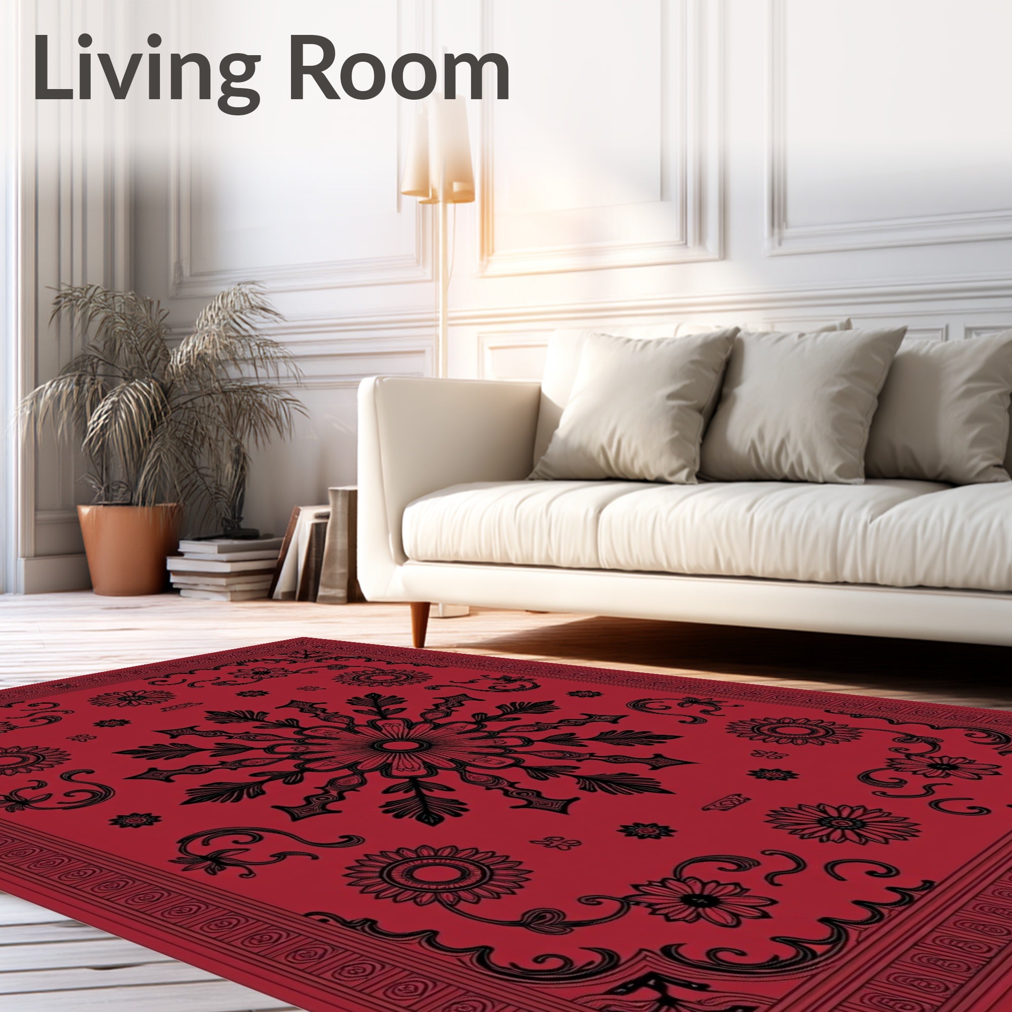 Rich Crimson Black Floral Medallion Swirl Rug