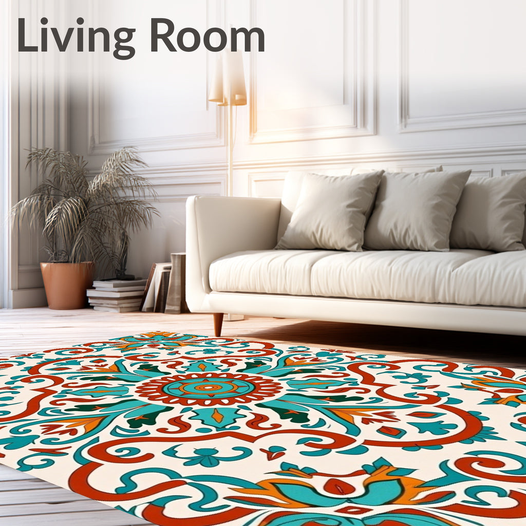 Turquoise Orange Indian Floral Mandala Rug