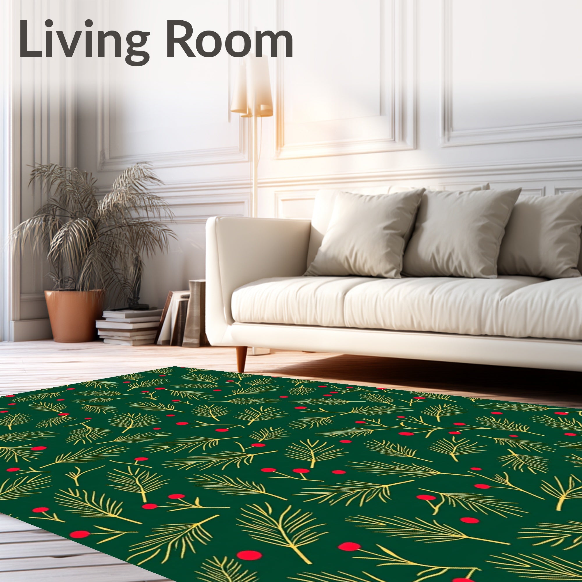 Green Pine Branches Red Berries Rug