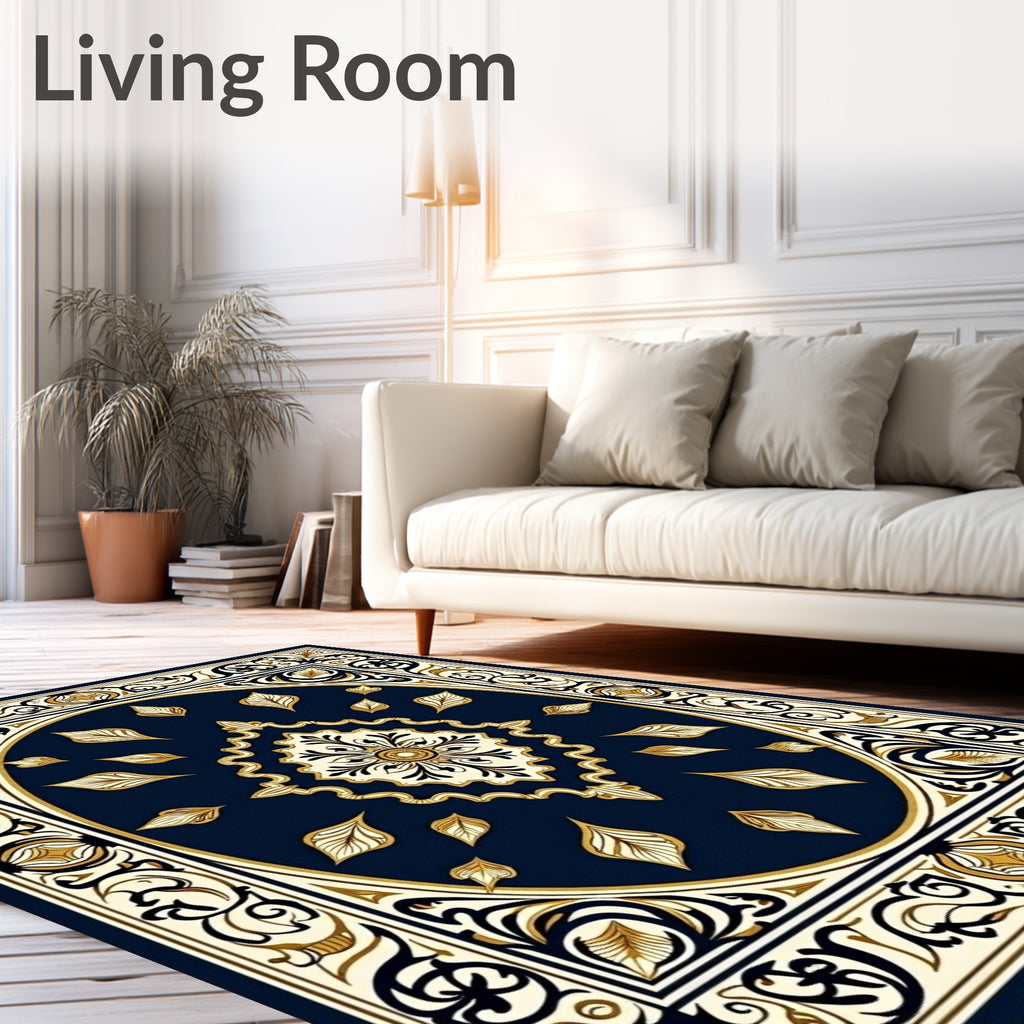 Deep Blue Floral Medallion Cream Border Rug