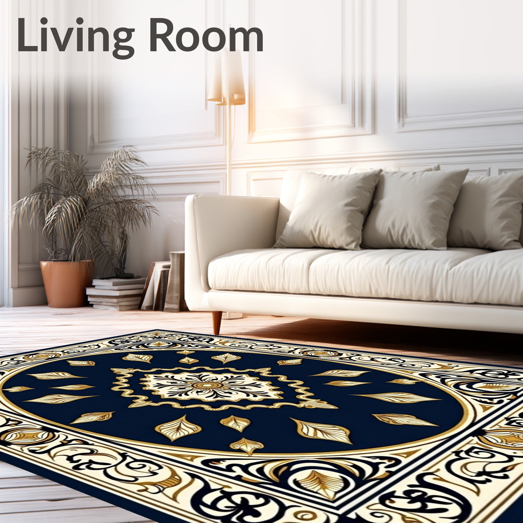 Deep Blue Floral Medallion Cream Border Rug