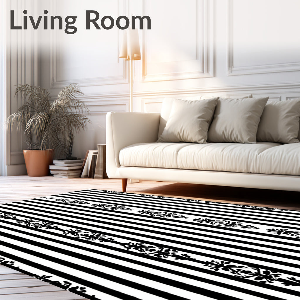 Chic Black White Vertical Stripe Panel Rug