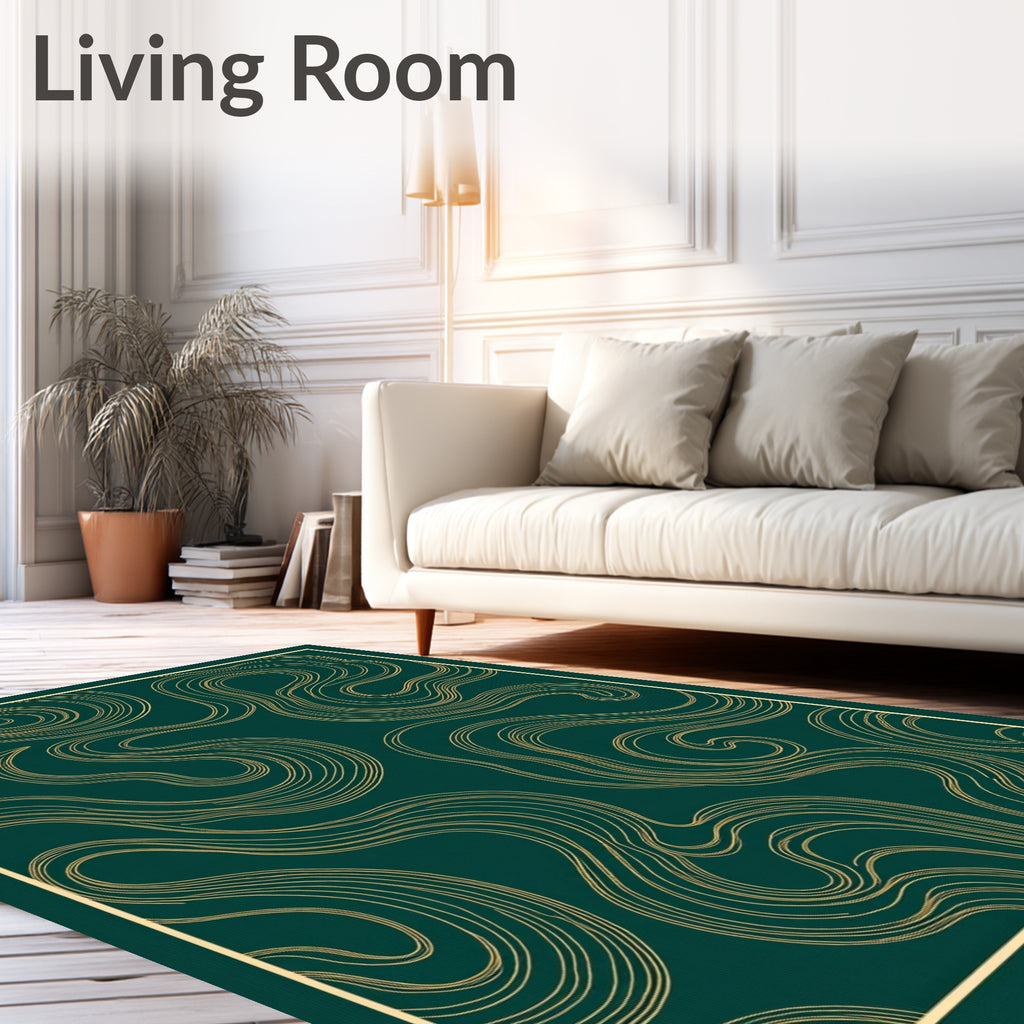 Deep Teal Gold Swirling Lines Rug