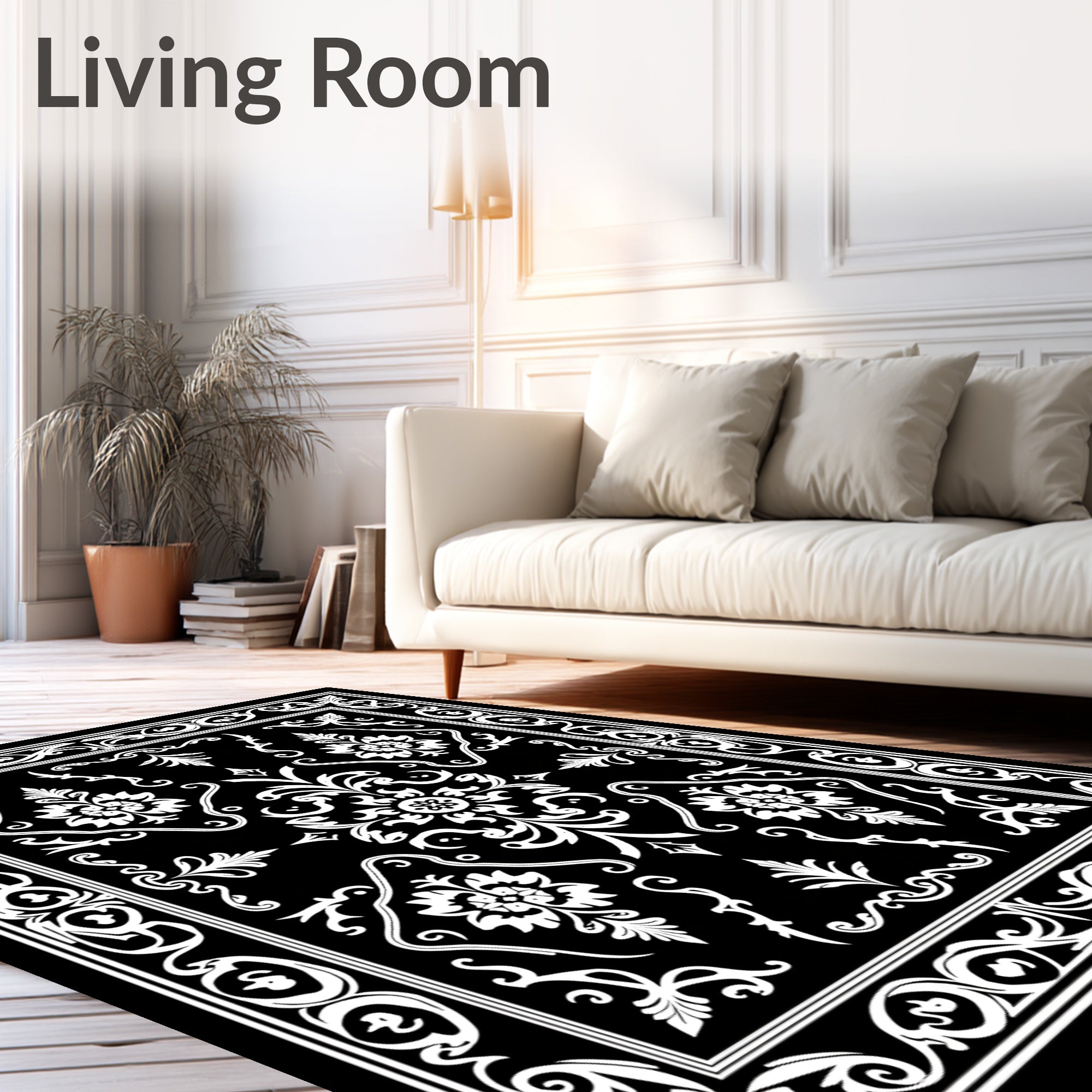 Classic Black White Floral Scroll Rug