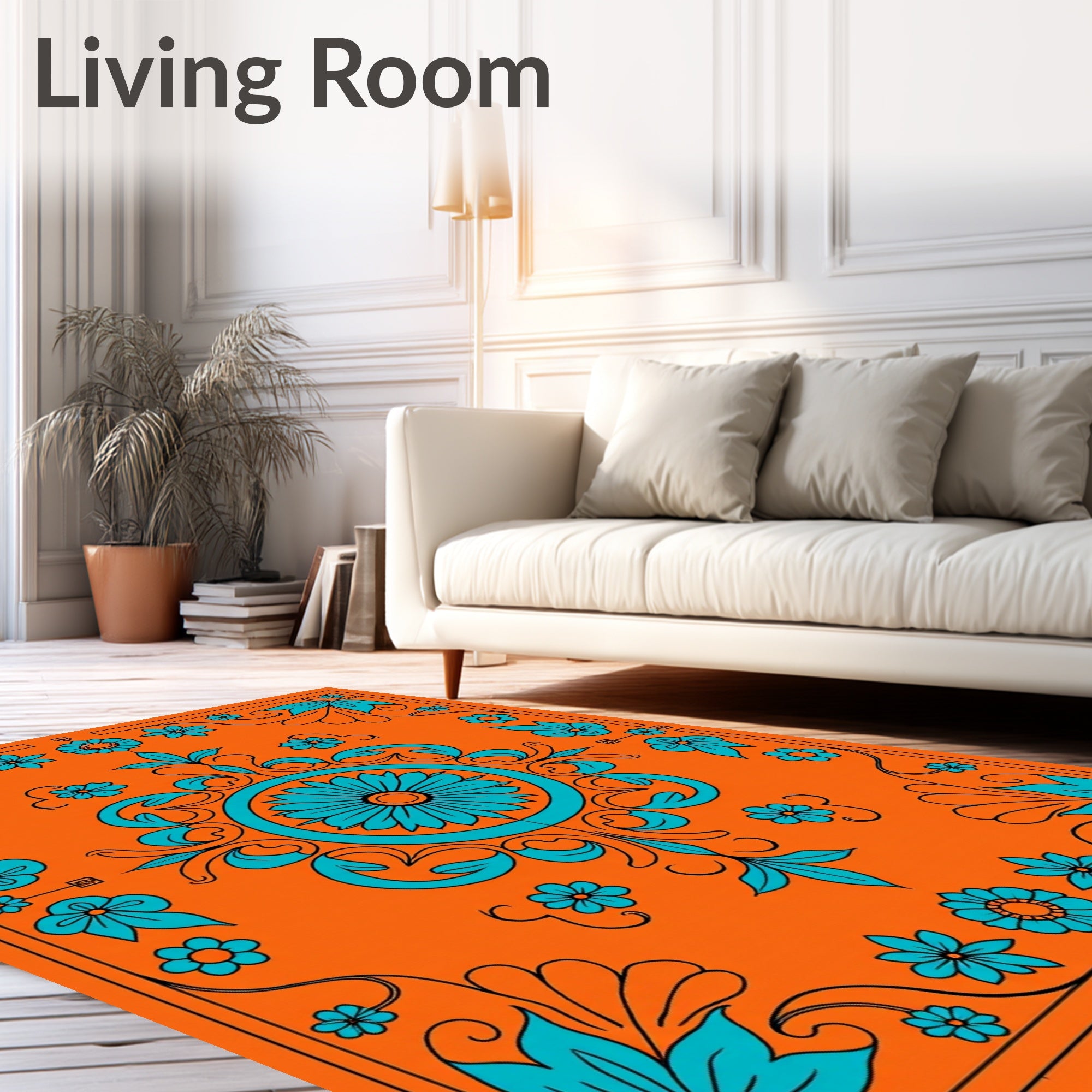 Vibrant Teal Floral Medallion Orange Rug