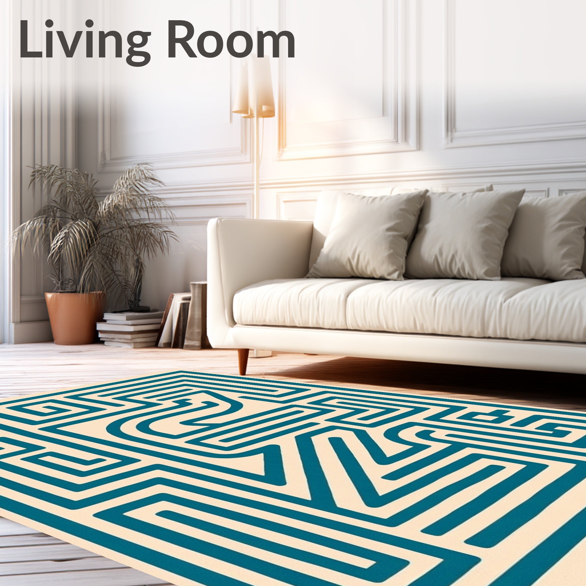 Teal Labyrinth Cream Geometric Outline Rug