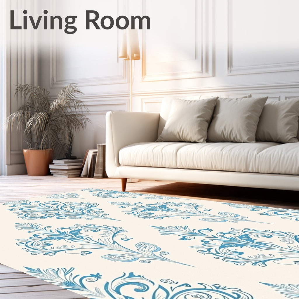 Ornate Blue Damask Crest Rug