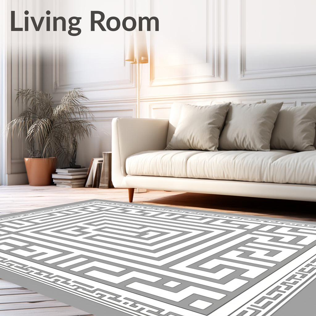 White Labyrinth Geometric Border Rug