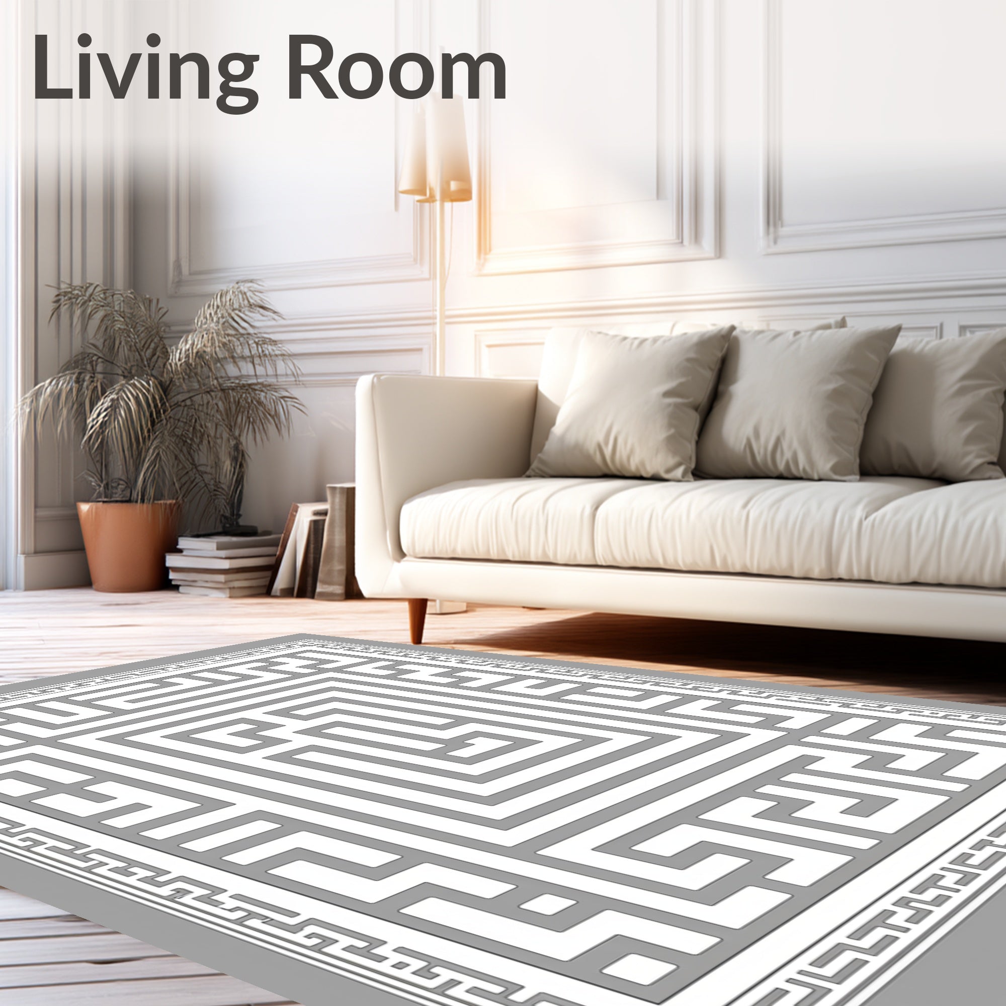 White Labyrinth Geometric Border Rug