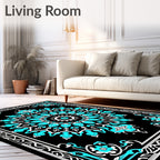 Black Teal Mandala Floral Border Rug