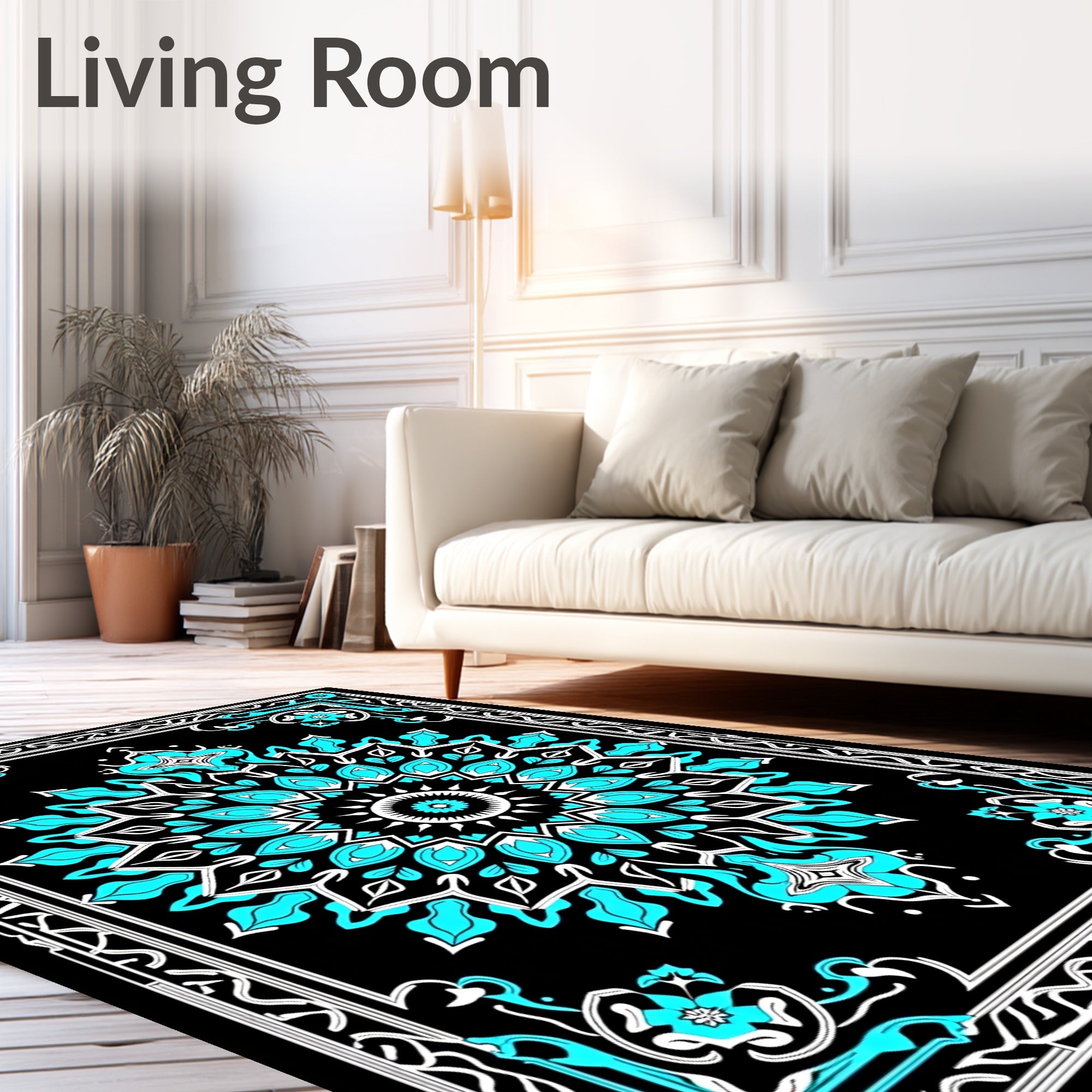 Black Teal Mandala Floral Border Rug