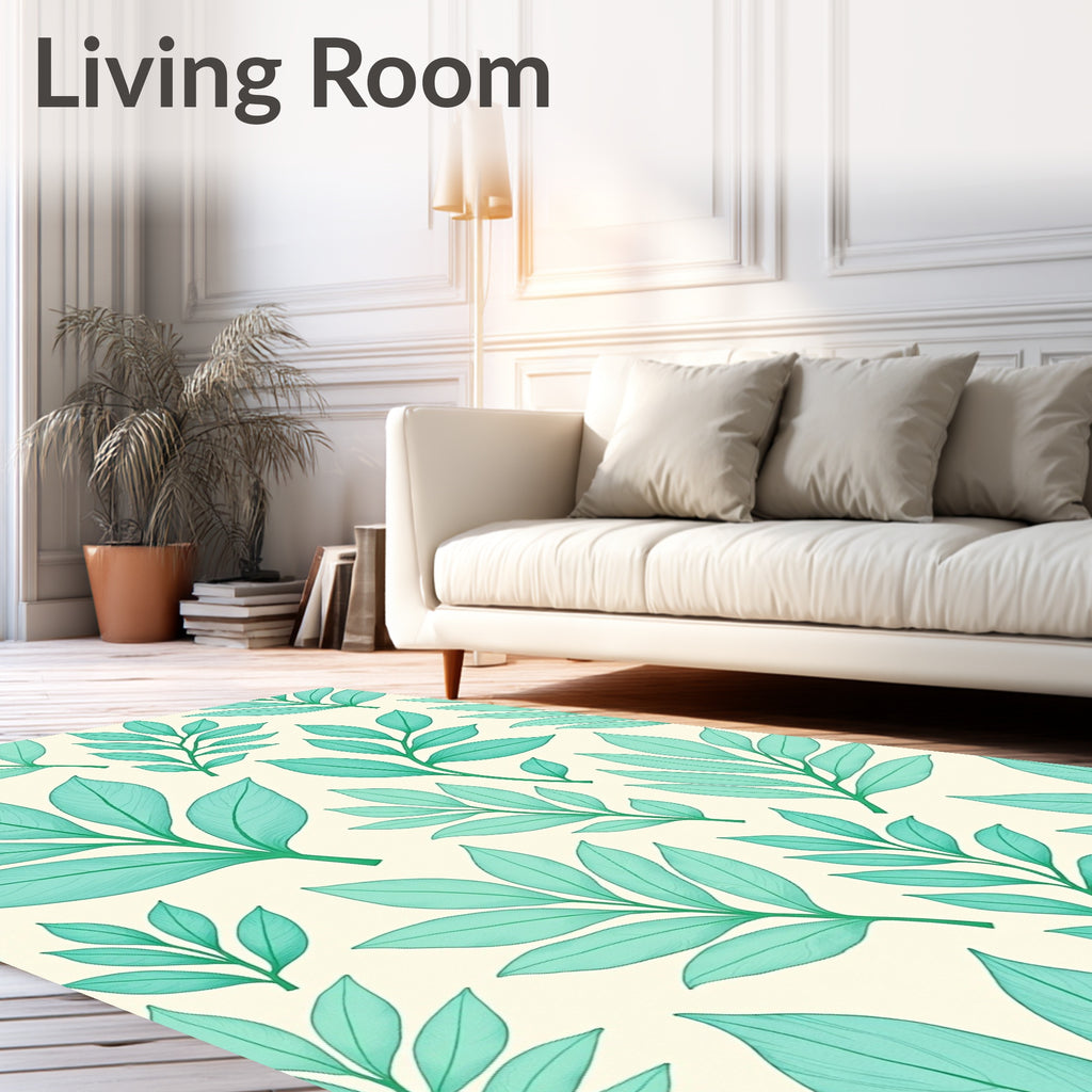 Teal Leafy Branches Cream Background Rug