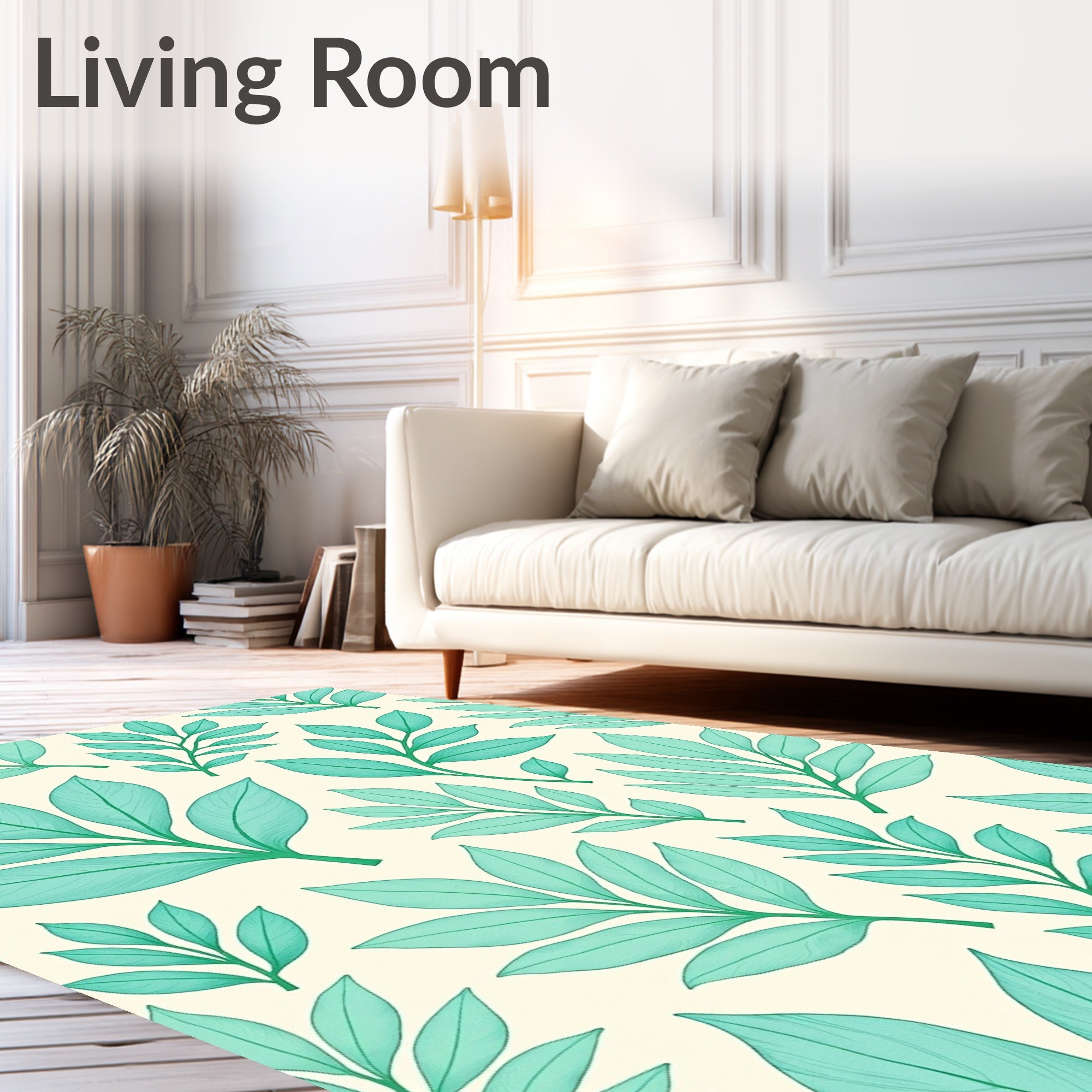 Teal Leafy Branches Cream Background Rug