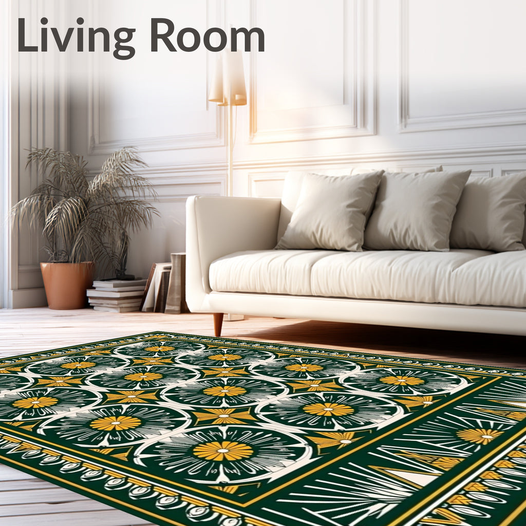 Deep Green Gold Sunburst Circles Rug