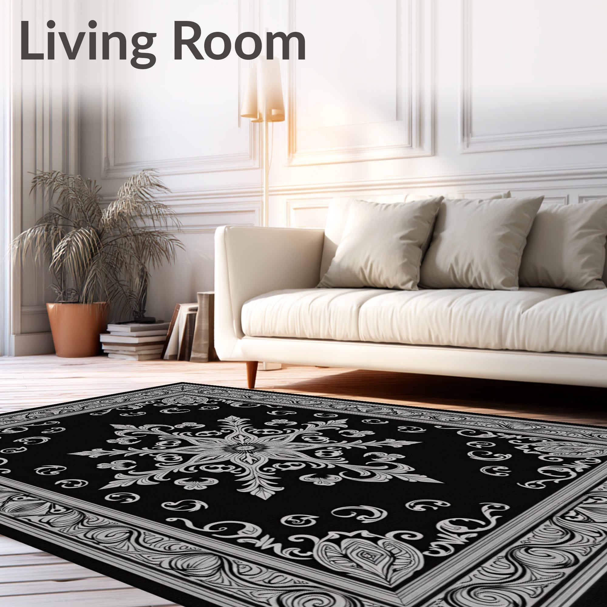 Black Silver Ornate Medallion Flourish Rug