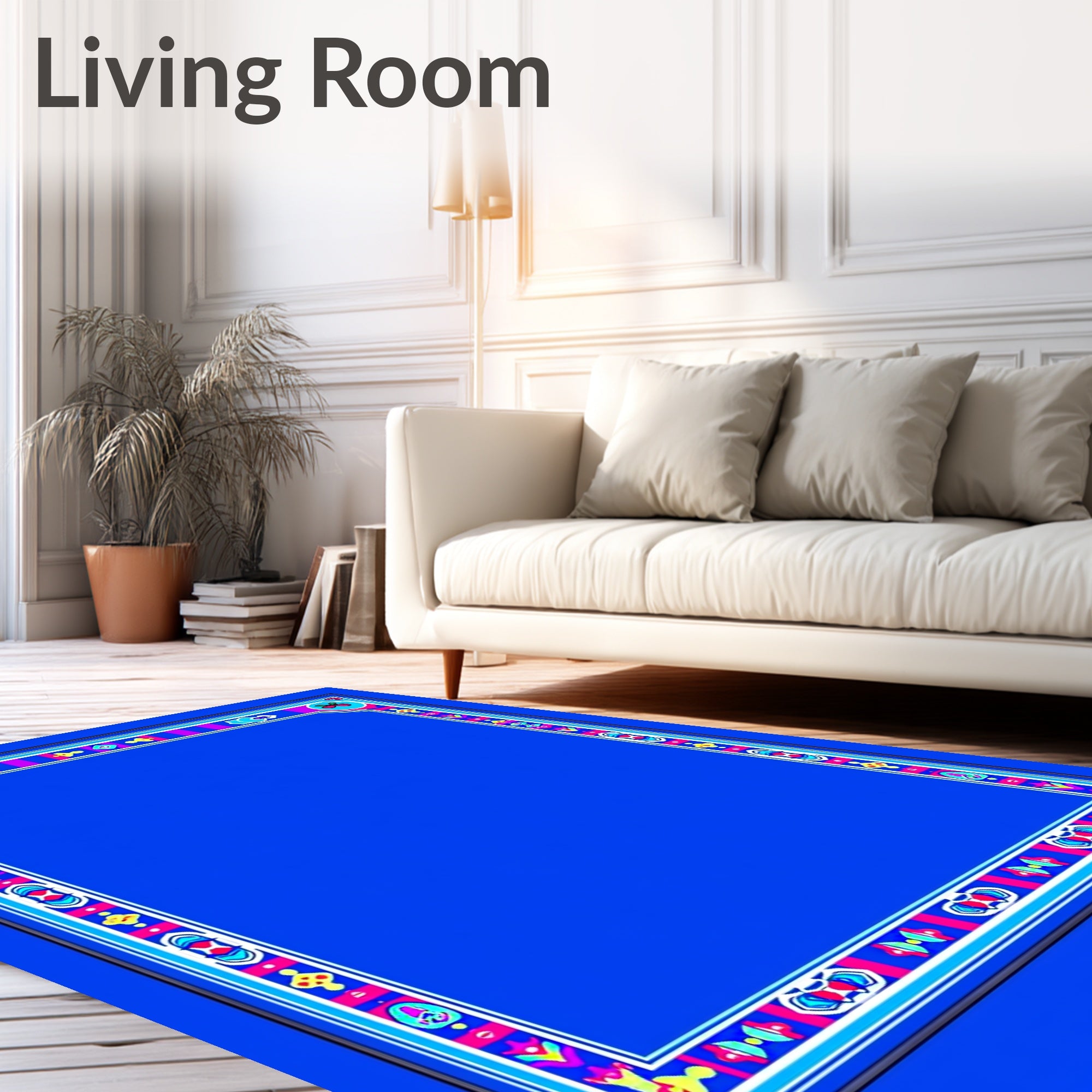 Vibrant Blue Bordered Folk Art Rug