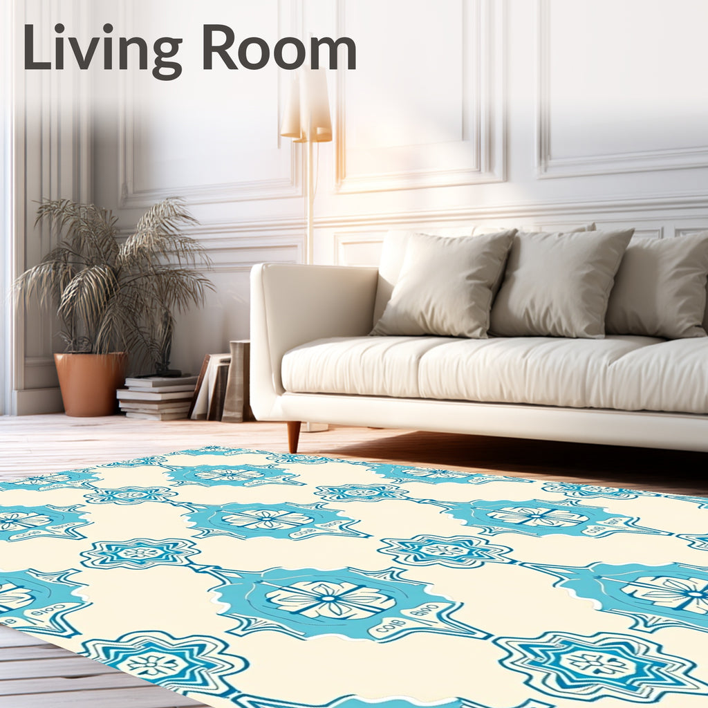 Turquoise Floral Medallion Cream Rug
