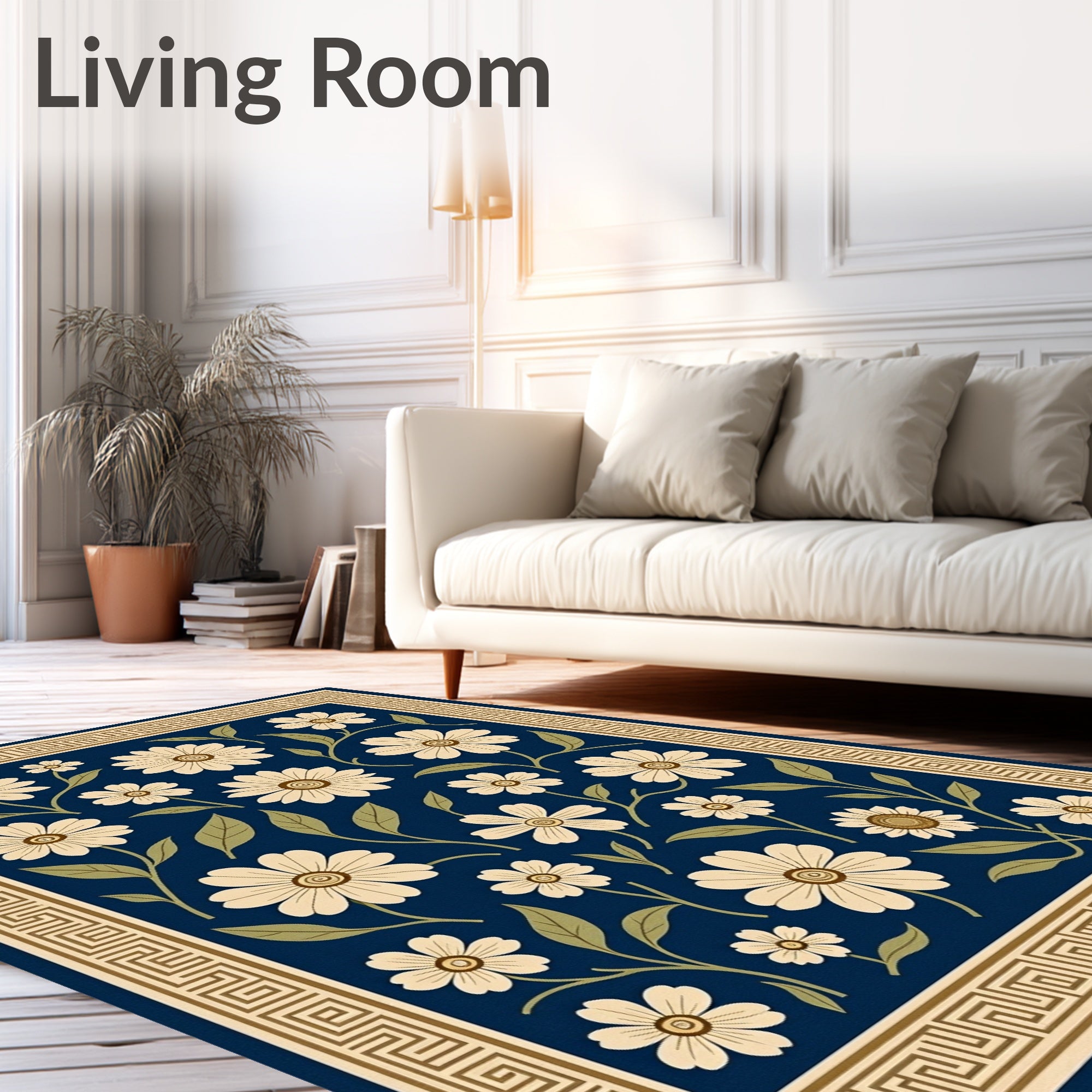 Cream Daisy Navy Botanical Border Rug