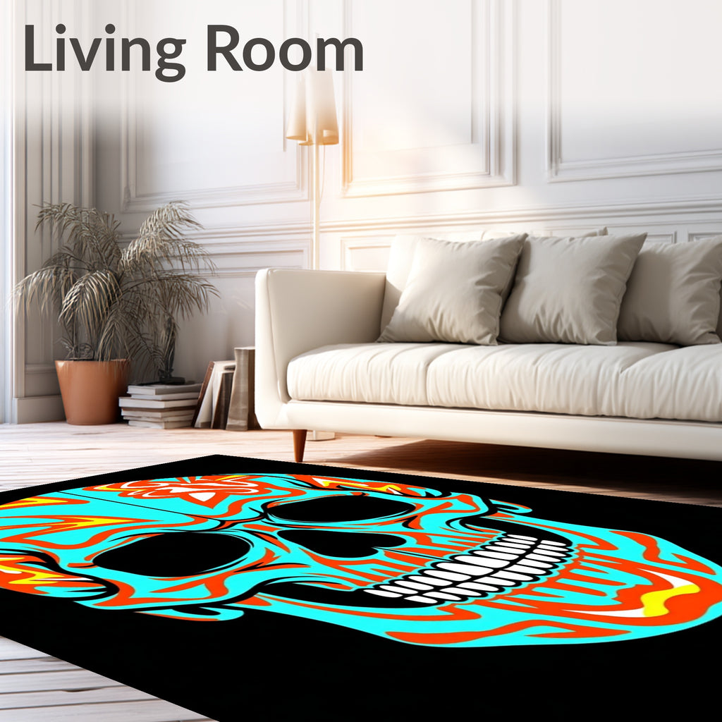 Vibrant Turquoise Orange Skull Art Rug
