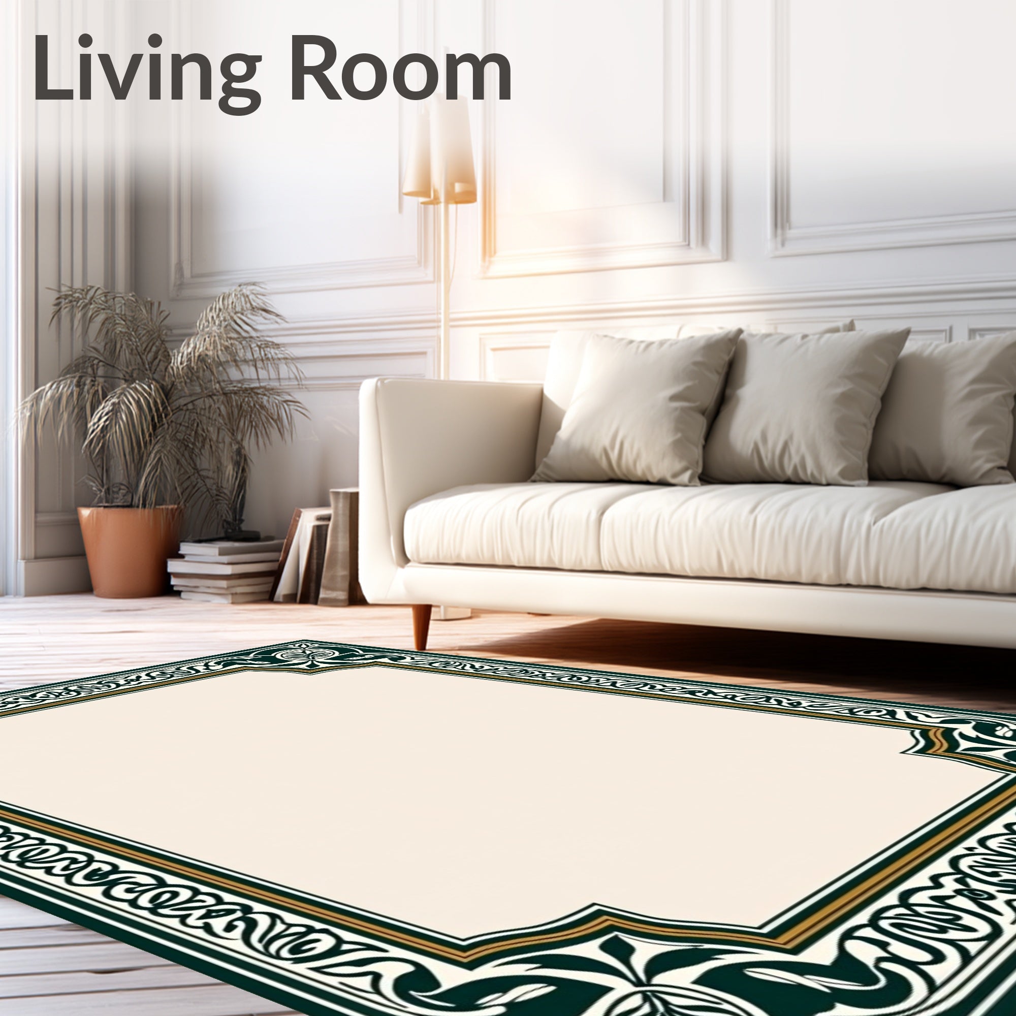 Ornate Green Gold Floral Frame Rug