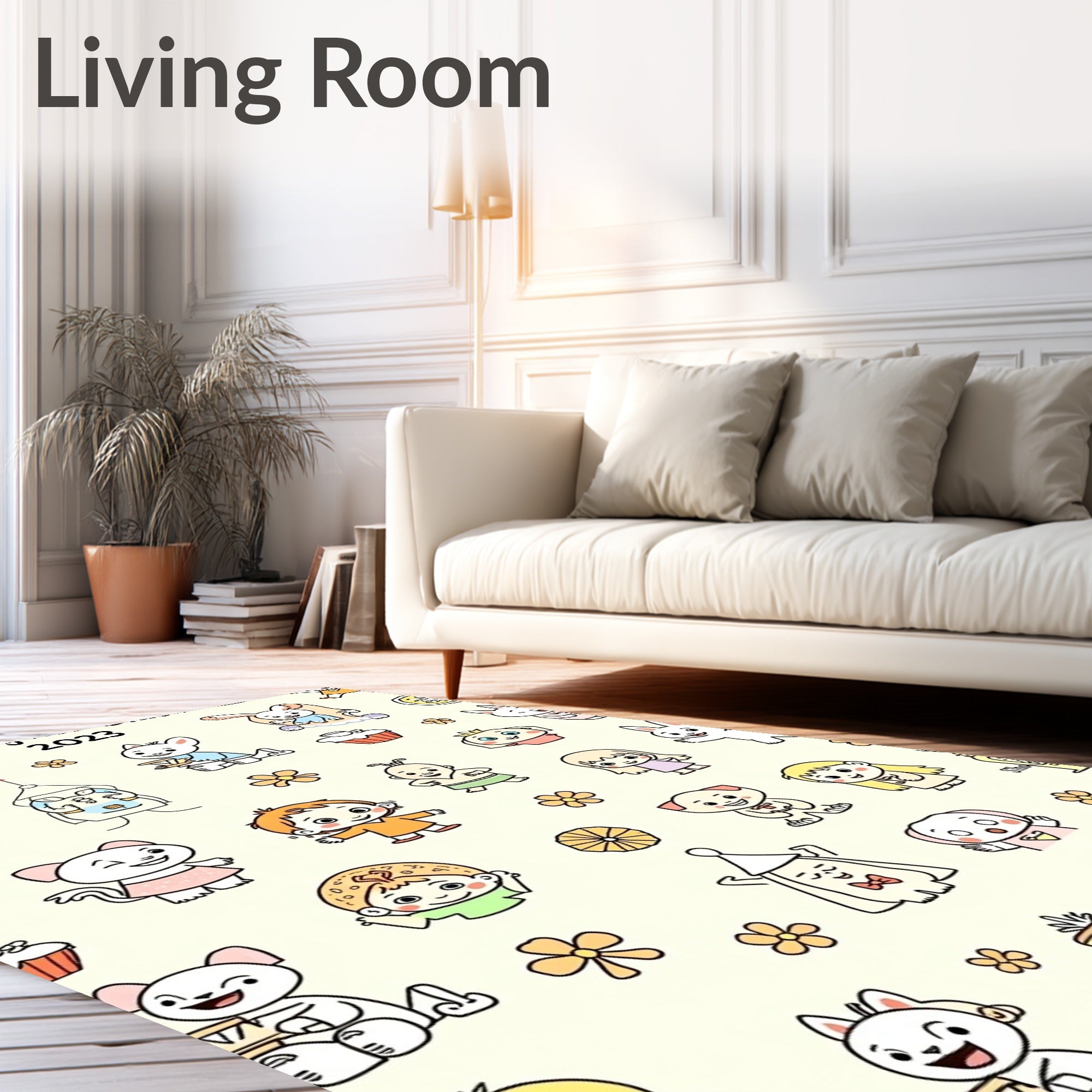 Playful Characters Yellow Floral Scatter Rug