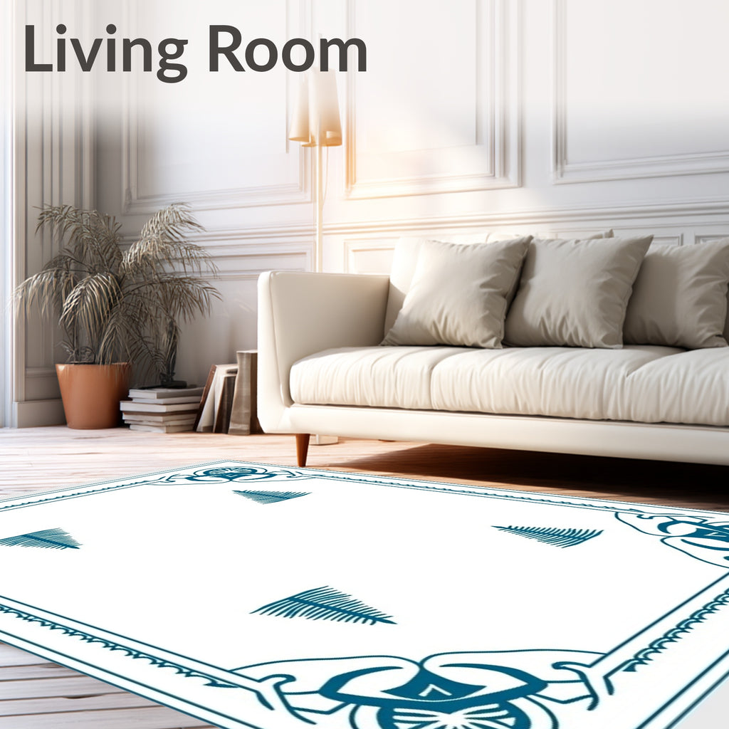 Teal Art Deco Floral Border Rug