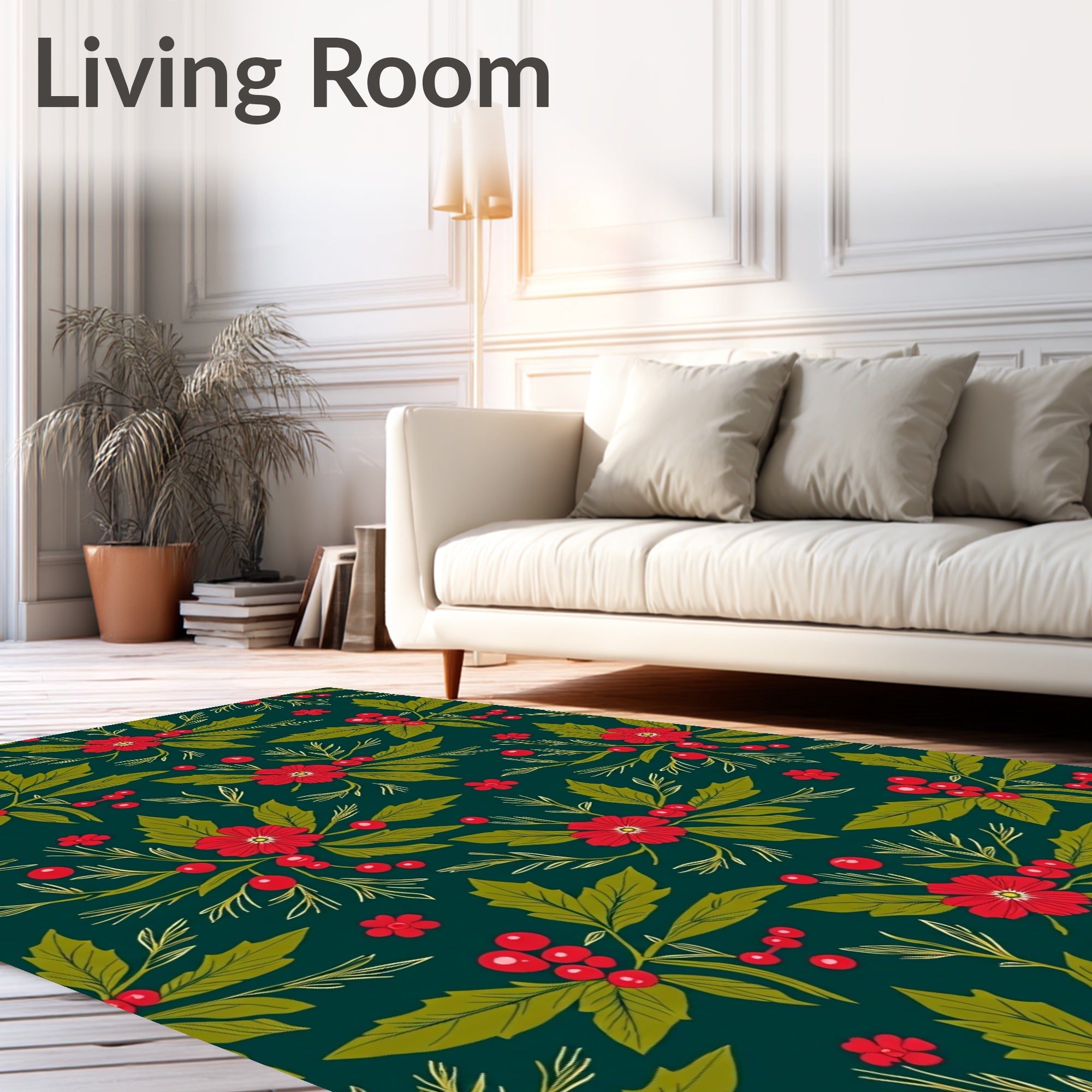 Festive Red Holly Berry Floral Rug