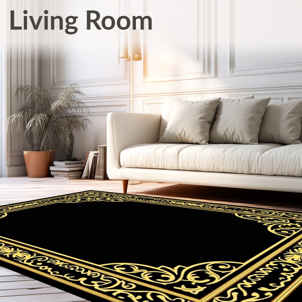 Ornate Gold Black Floral Border Rug