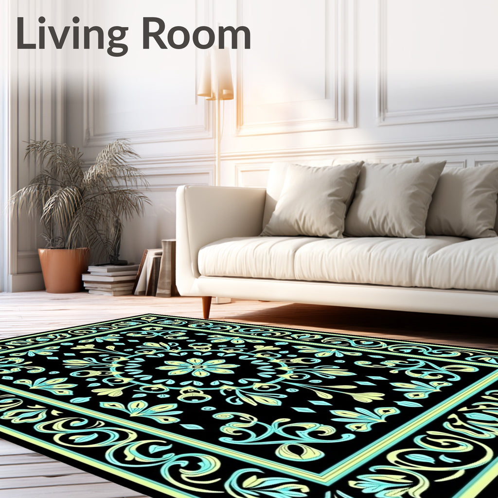 Black Floral Medallion Aqua Yellow Contrast Rug