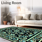 Black Floral Medallion Aqua Yellow Contrast Rug