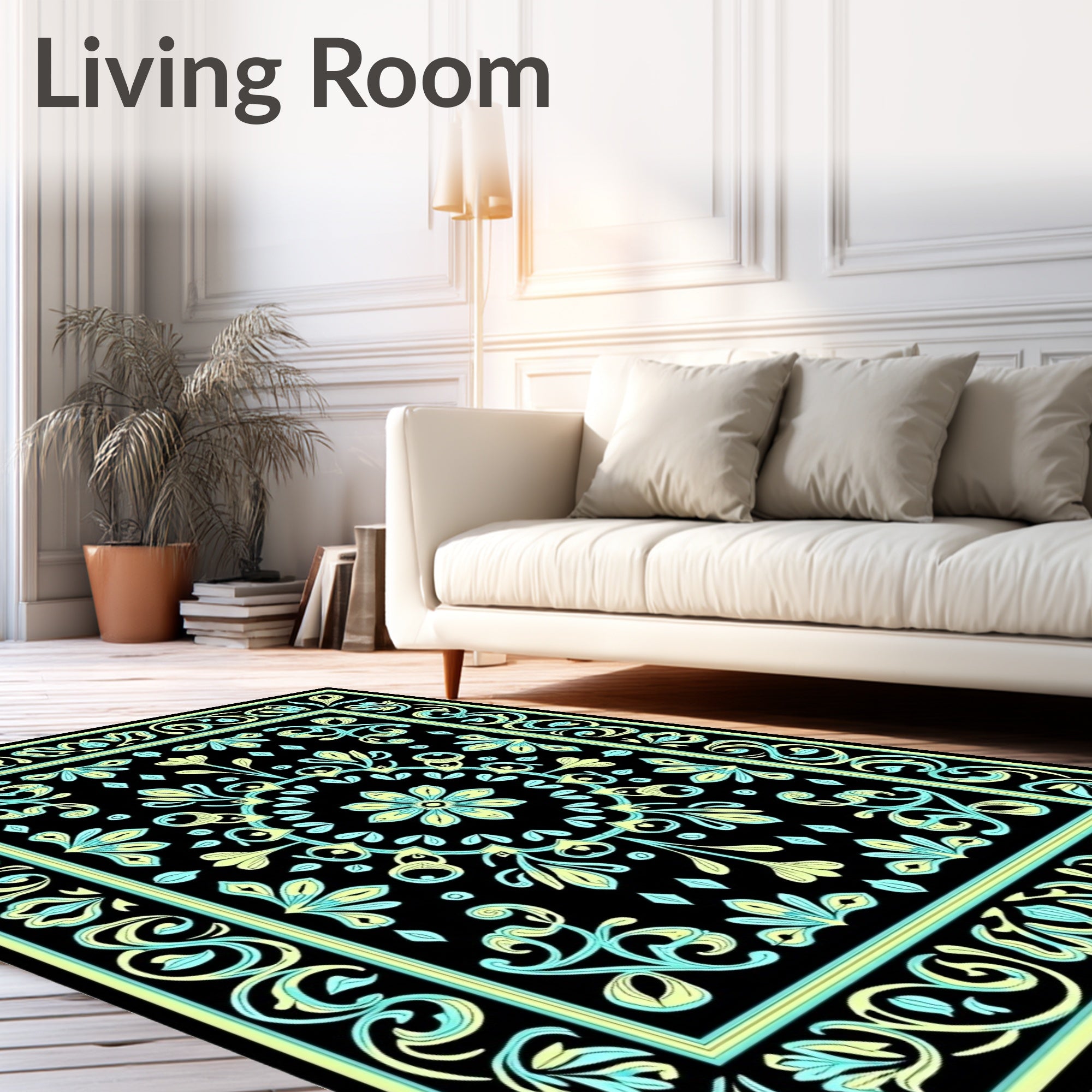 Black Floral Medallion Aqua Yellow Contrast Rug