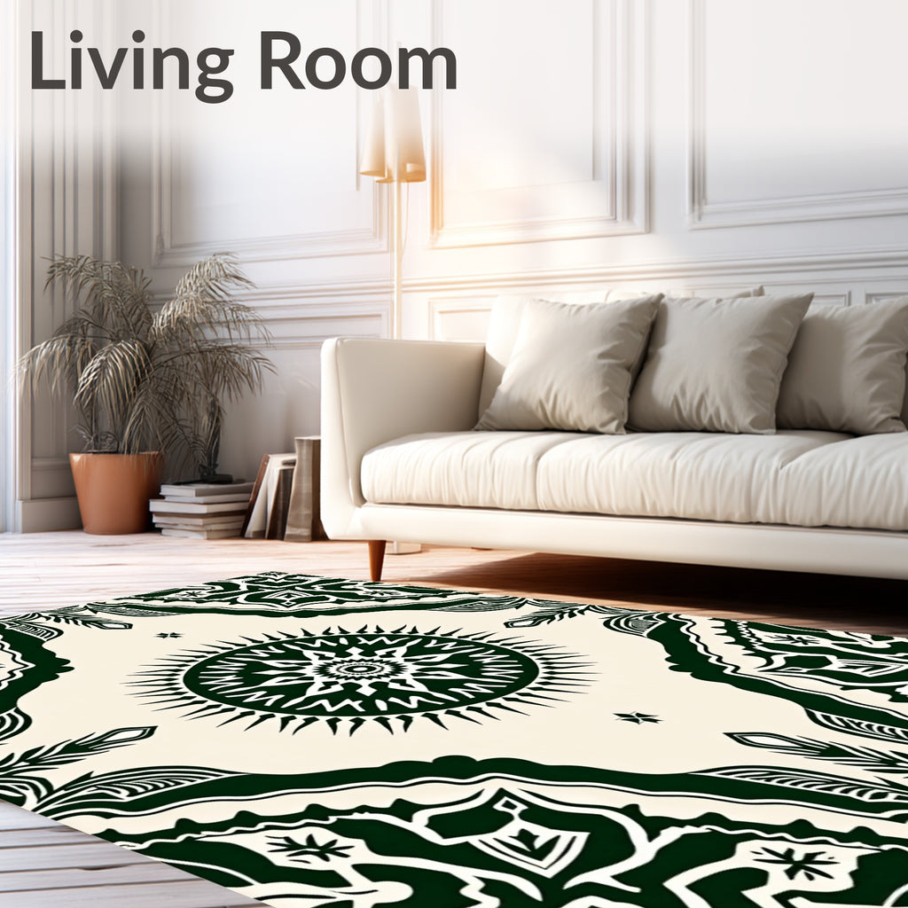 Dark Green Sun Mandala Bordered Rug