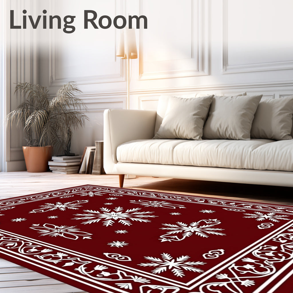 Crimson Snowflakes Ornate Border Rug