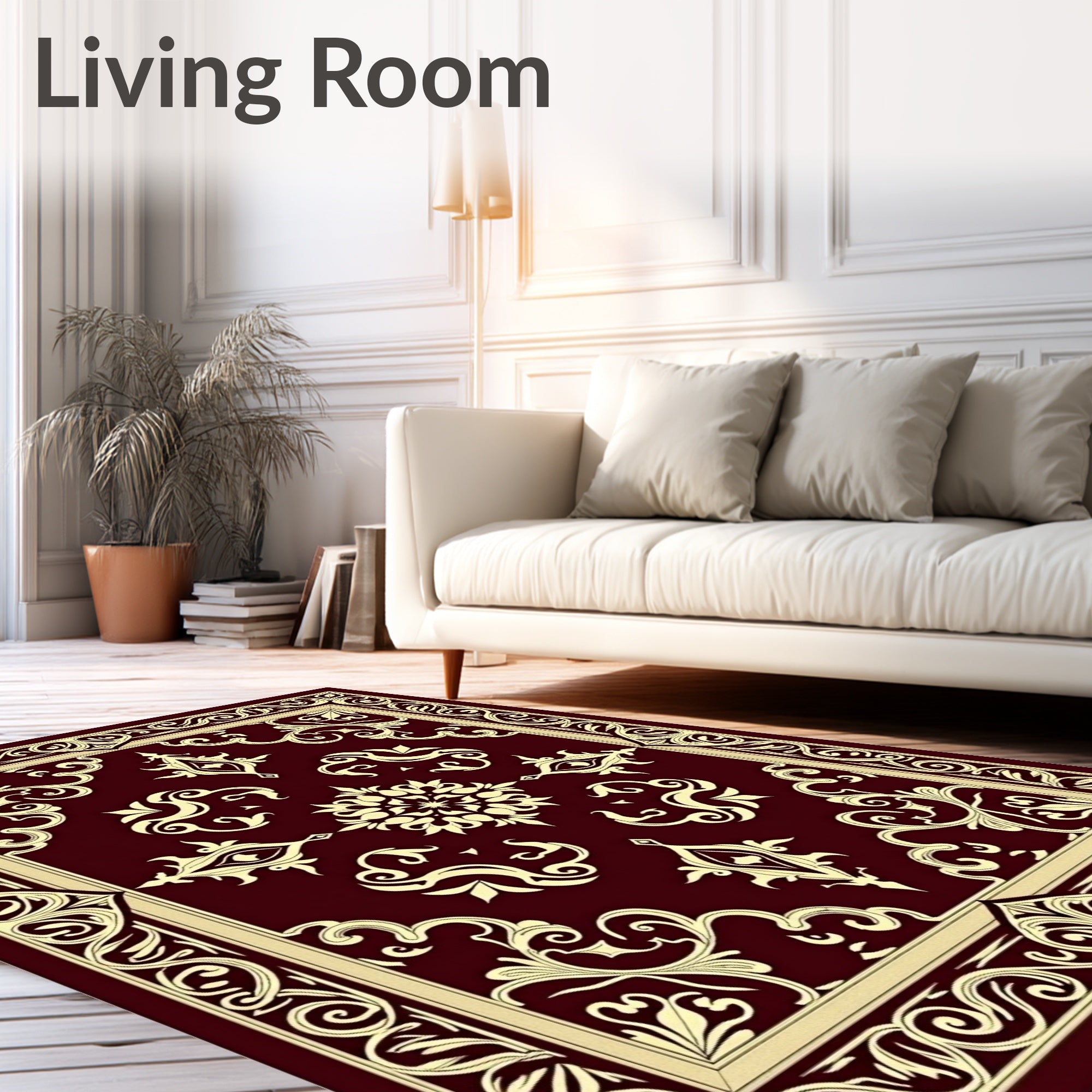 Deep Red Cream Floral Medallion Border Rug