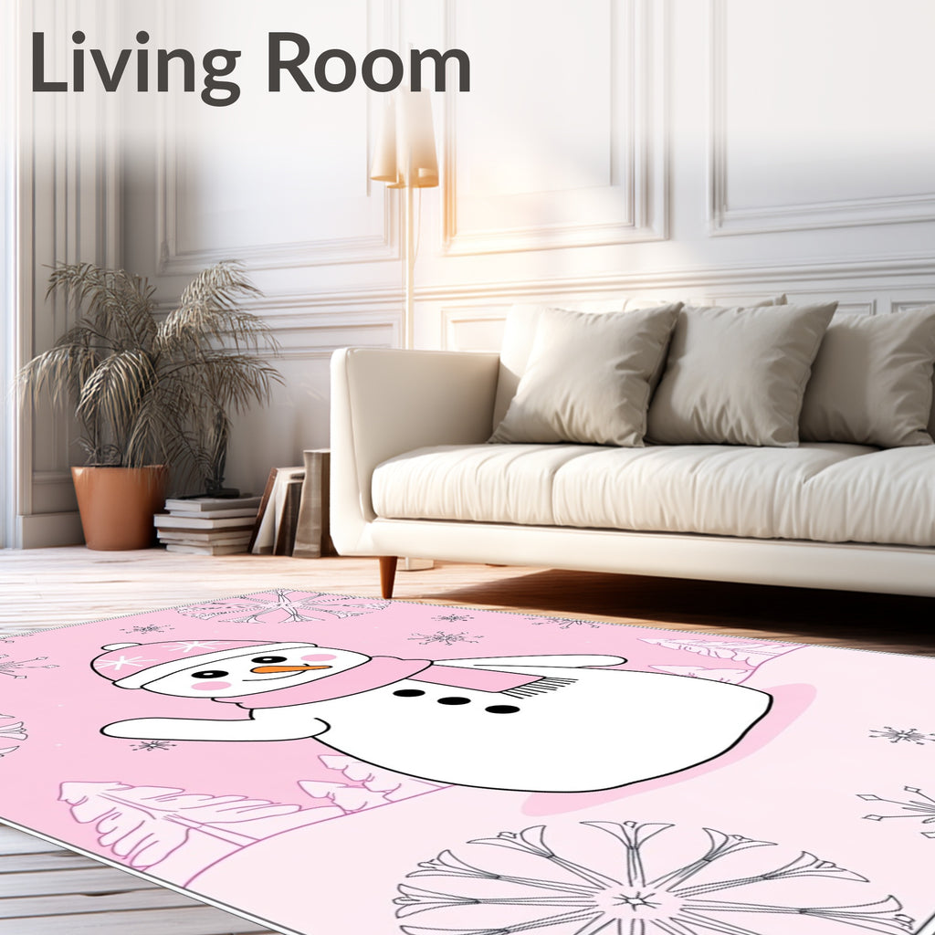 Pink Snowman With Snowflakes And Trees Rug
