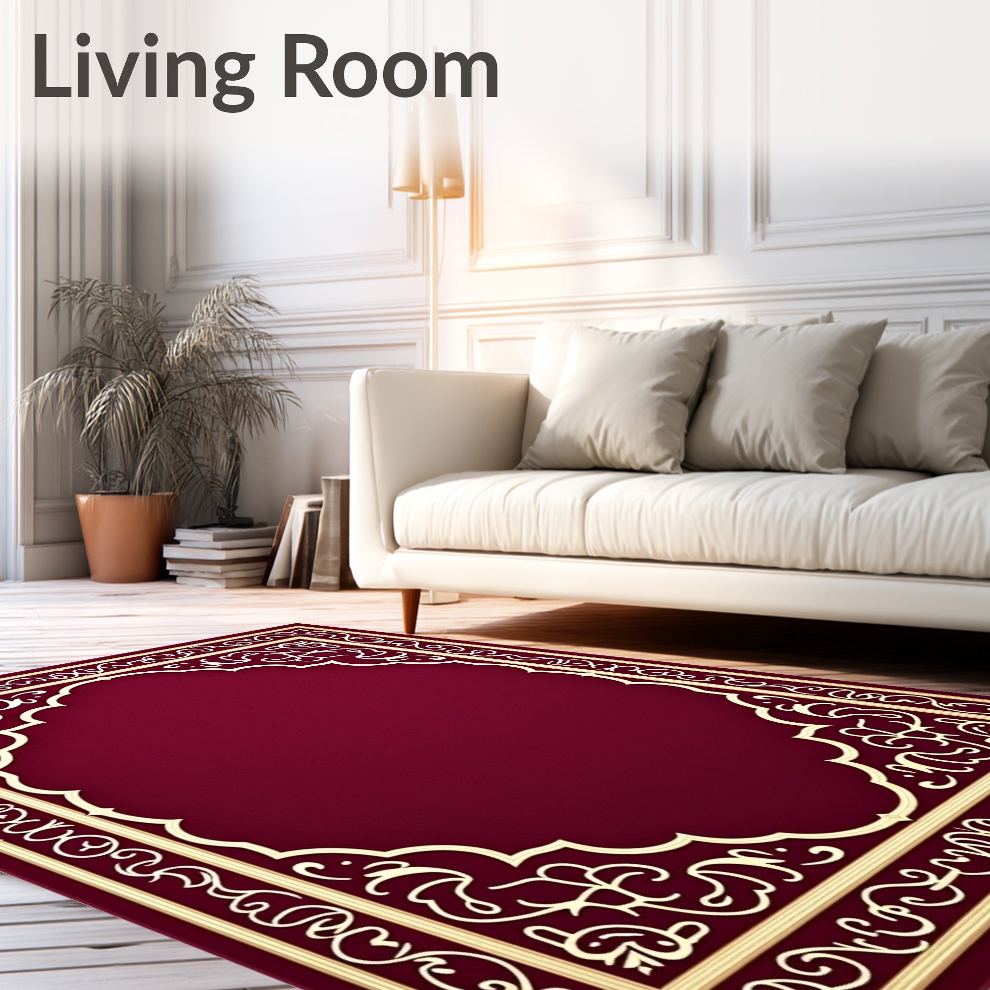 Ornate Crimson and Gold Scrollwork Rug