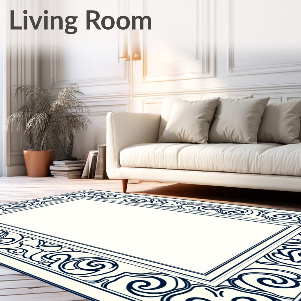 Vintage Cream Navy Floral Scroll Border Rug