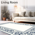 Vintage Cream Navy Floral Scroll Border Rug