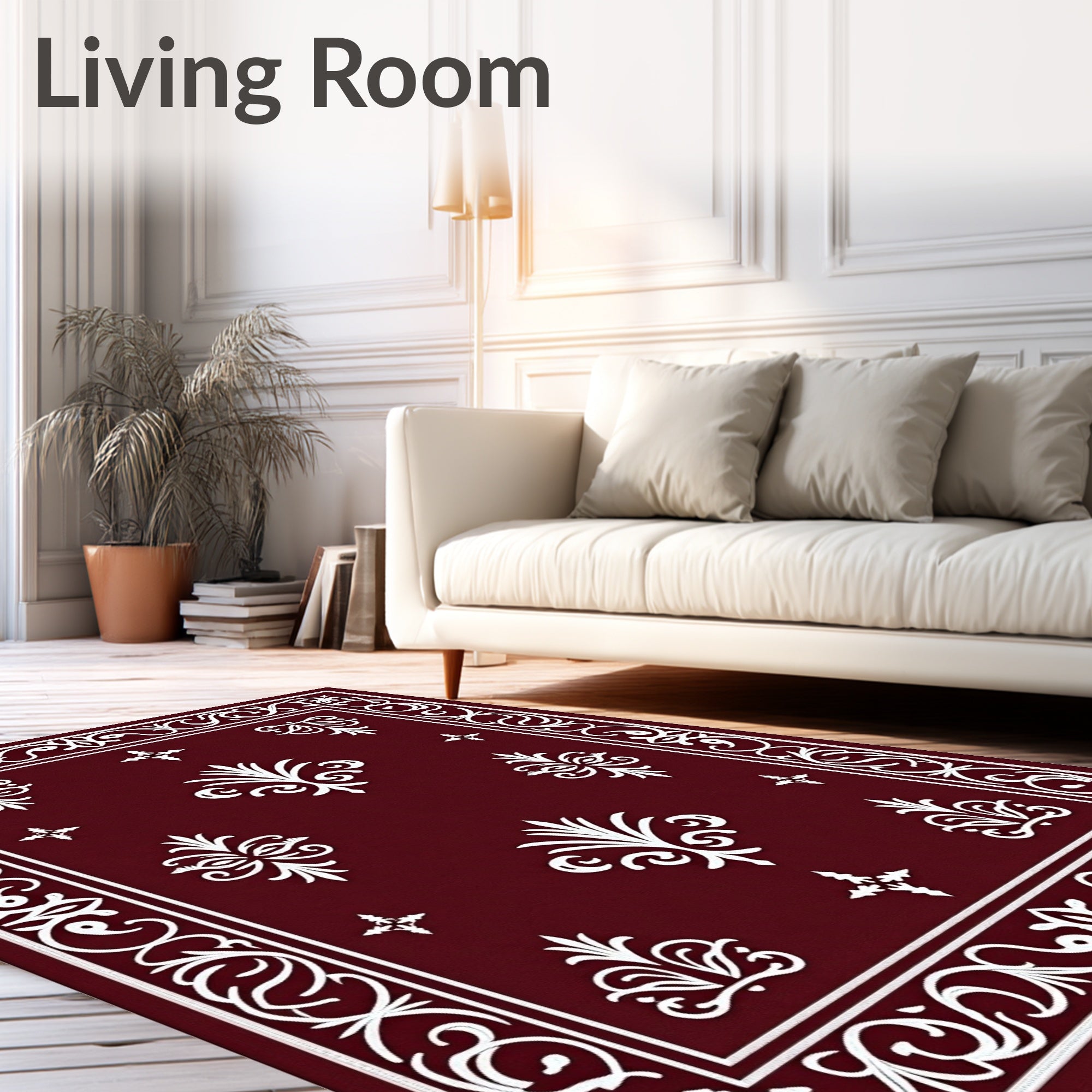 Crimson White Scrollwork Fleur-de-lis Rug