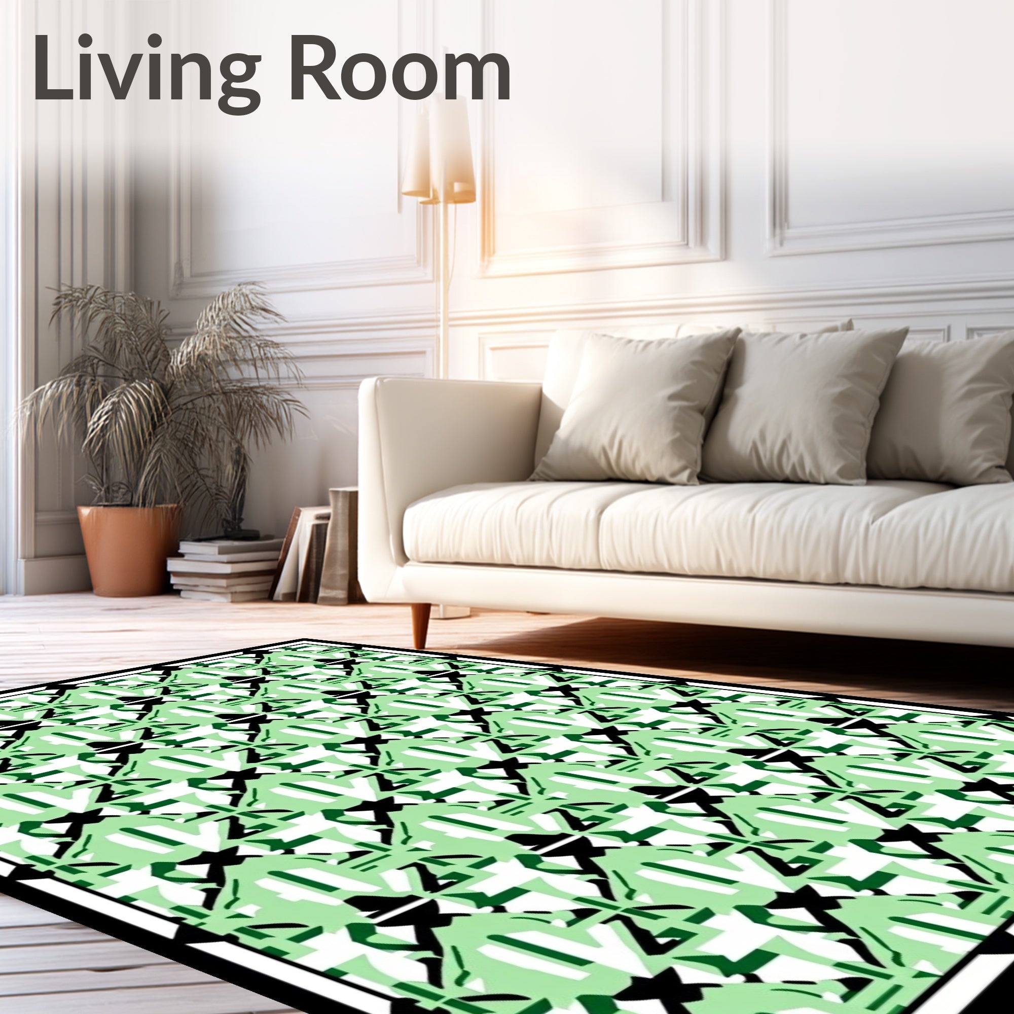 Light Green Abstract Figures Bordered Rug
