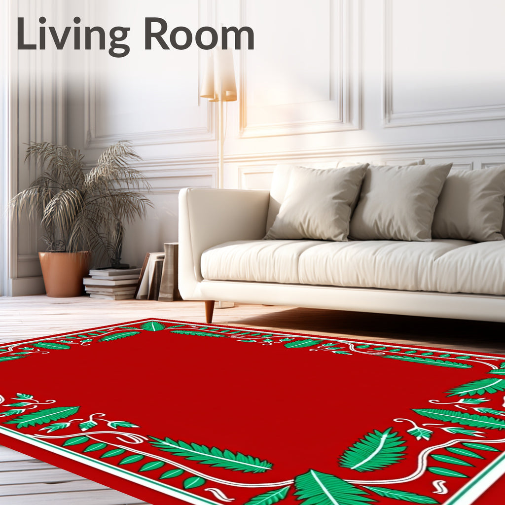 Bold Red Tropical Leaf Border Rug