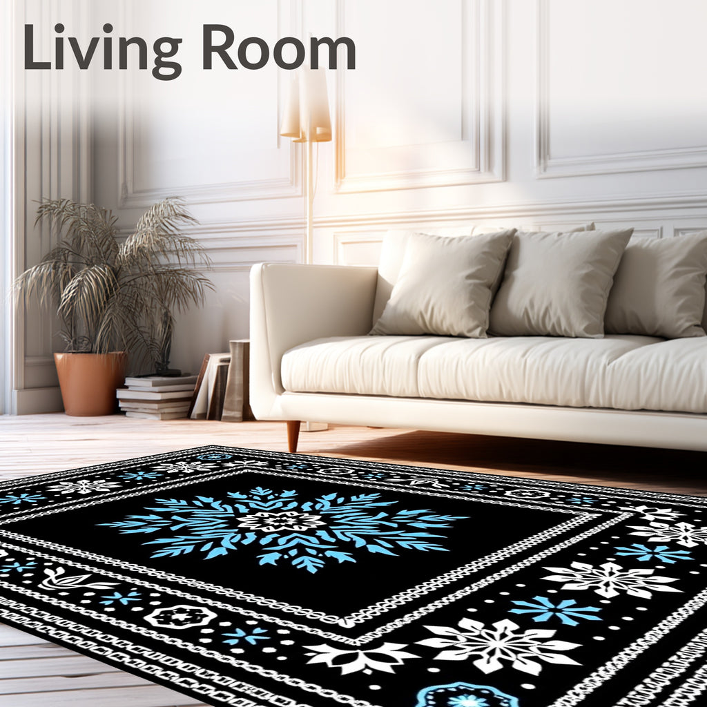 Black White Blue Abstract Snowflake Mandala Rug