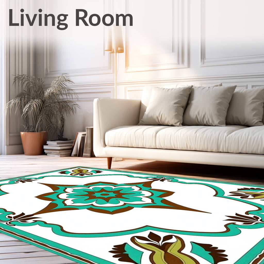 Turquoise Brown Floral Arabesque Frame Rug
